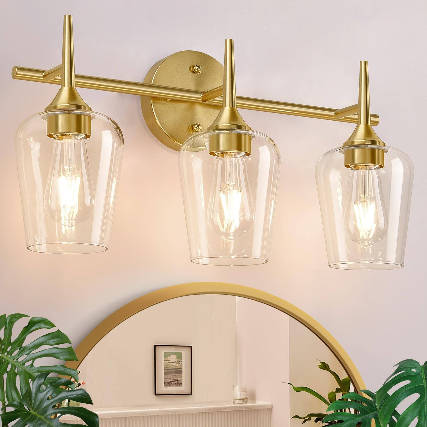Front. Earthley Blooms - Upgrade Bathroom Light Fixtures Vanity Lights For With Clear Glass Inch Lighting Over Mirror Modern Wall La - Brushed Gold.