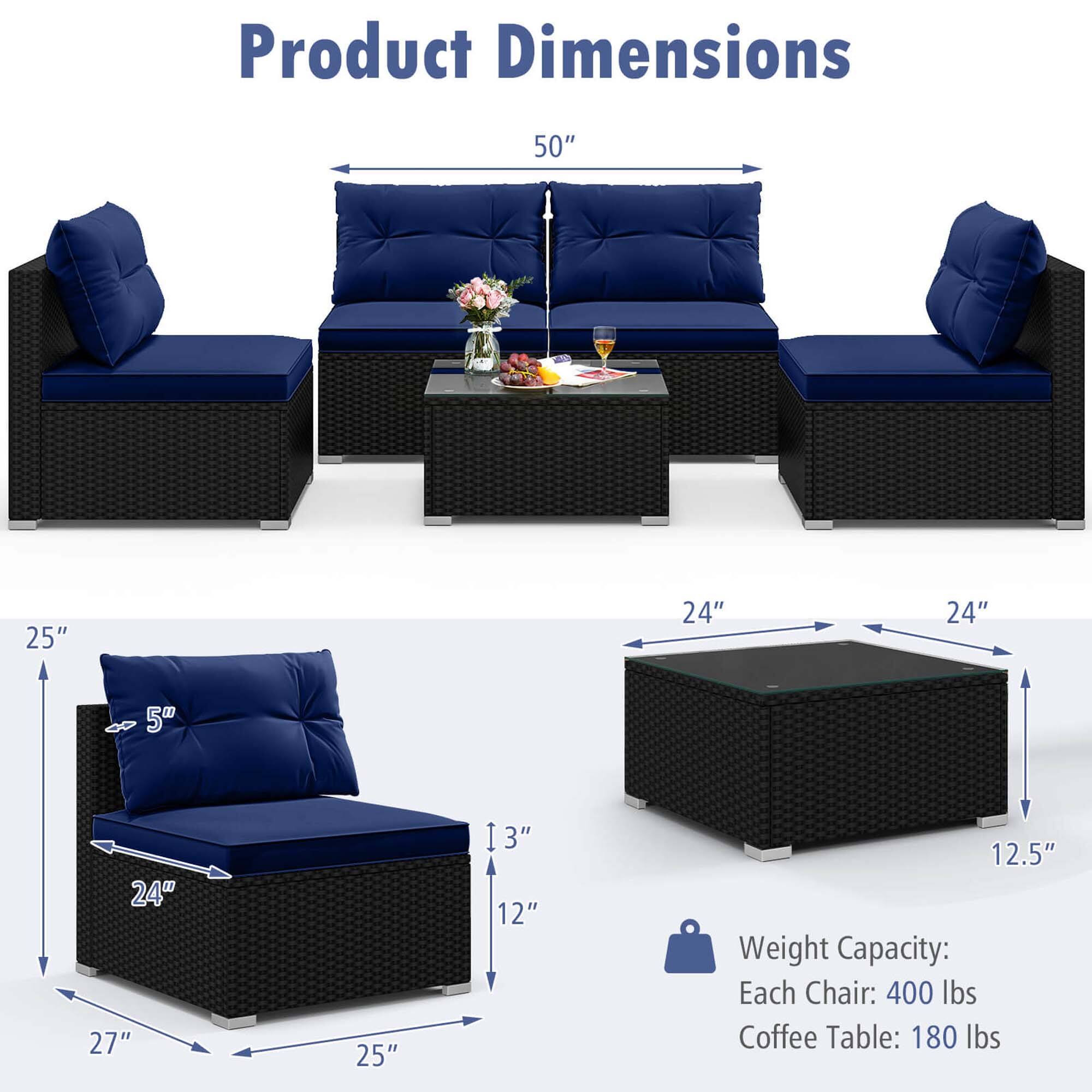 Product Dimensions: 50", 25", 24", 24", 5", 24", 27", 25", 12", 12.5"

Weight Capacity: Each Chair: 400 lbs, Coffee Table: 180 lbs