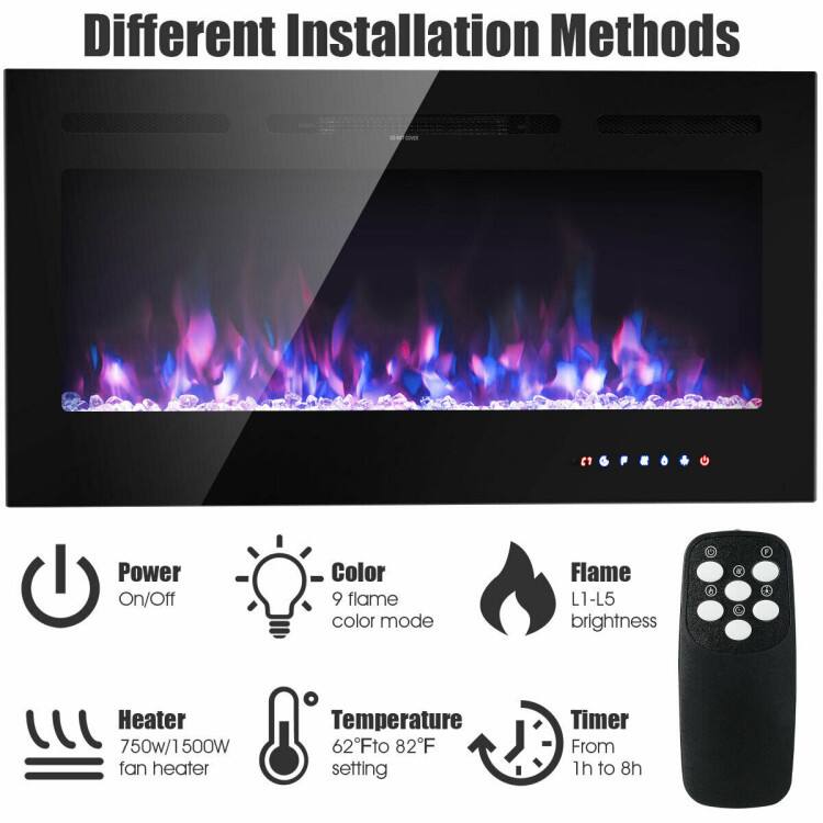Different Installation Methods

Power On/Off
Color 9 flame color mode
Flame L1-L5 brightness
Heater 750w/1500W fan heater
Temperature 62°F to 82°F setting
Timer From 1h to 8h