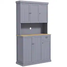 Homcom - 71" Buffet with Hutch, Modern Farmhouse Kitchen Pantry Storage Cabinet with Microwave Oven Countertop, Drawer & Cupboard - Gray