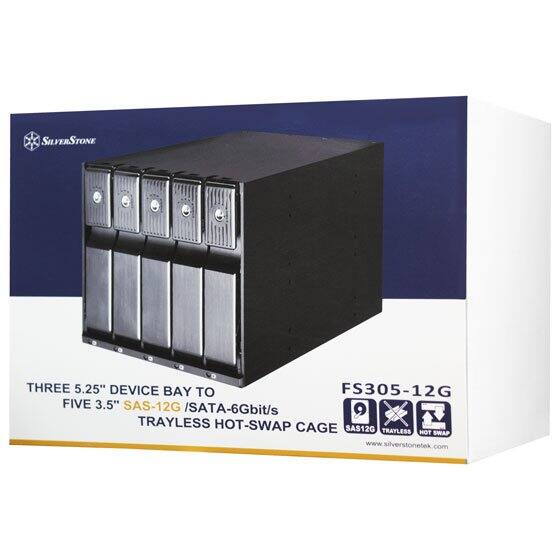 SILVERSTONE THREE 5.25" DEVICE BAY TO FIVE 3.5" SAS-12G / SATA-6Gbit/s TRAYLESS HOT-SWAP CAGE  
FS305-12G  
www.silverstonetek.com
