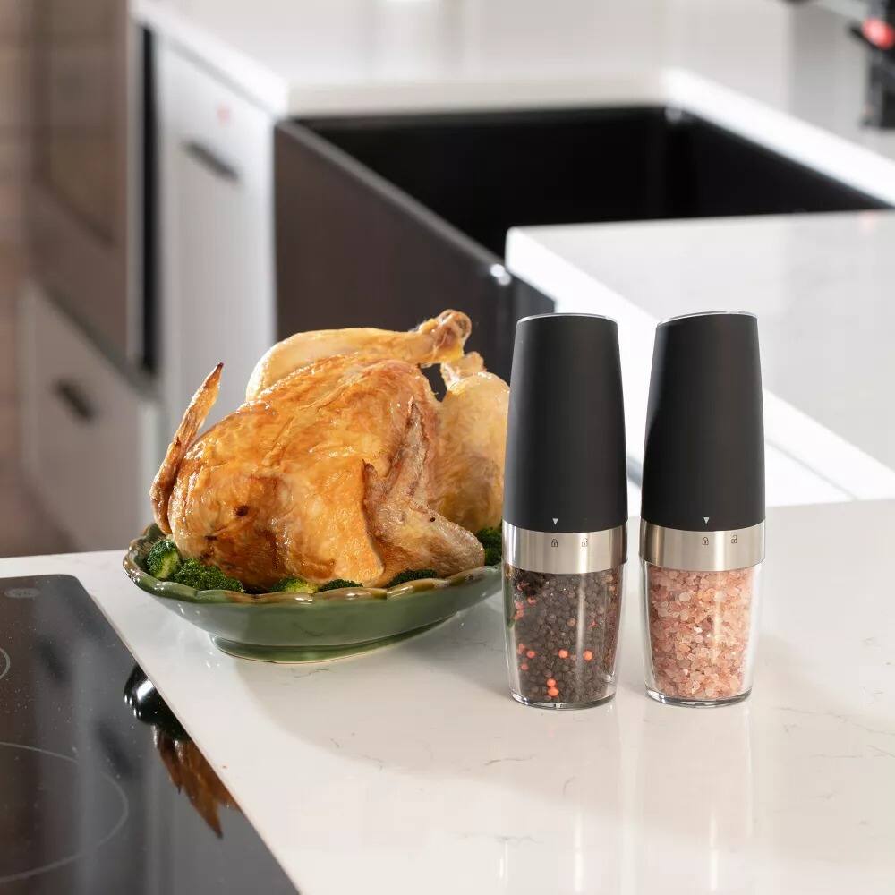 Alt View 2. Luminuxe - Gravity Electric Pepper & Salt Grinder Set – One-Hand Auto, Adjustable Coarseness, LED Battery Powered Ceramic Mechanism - Black.