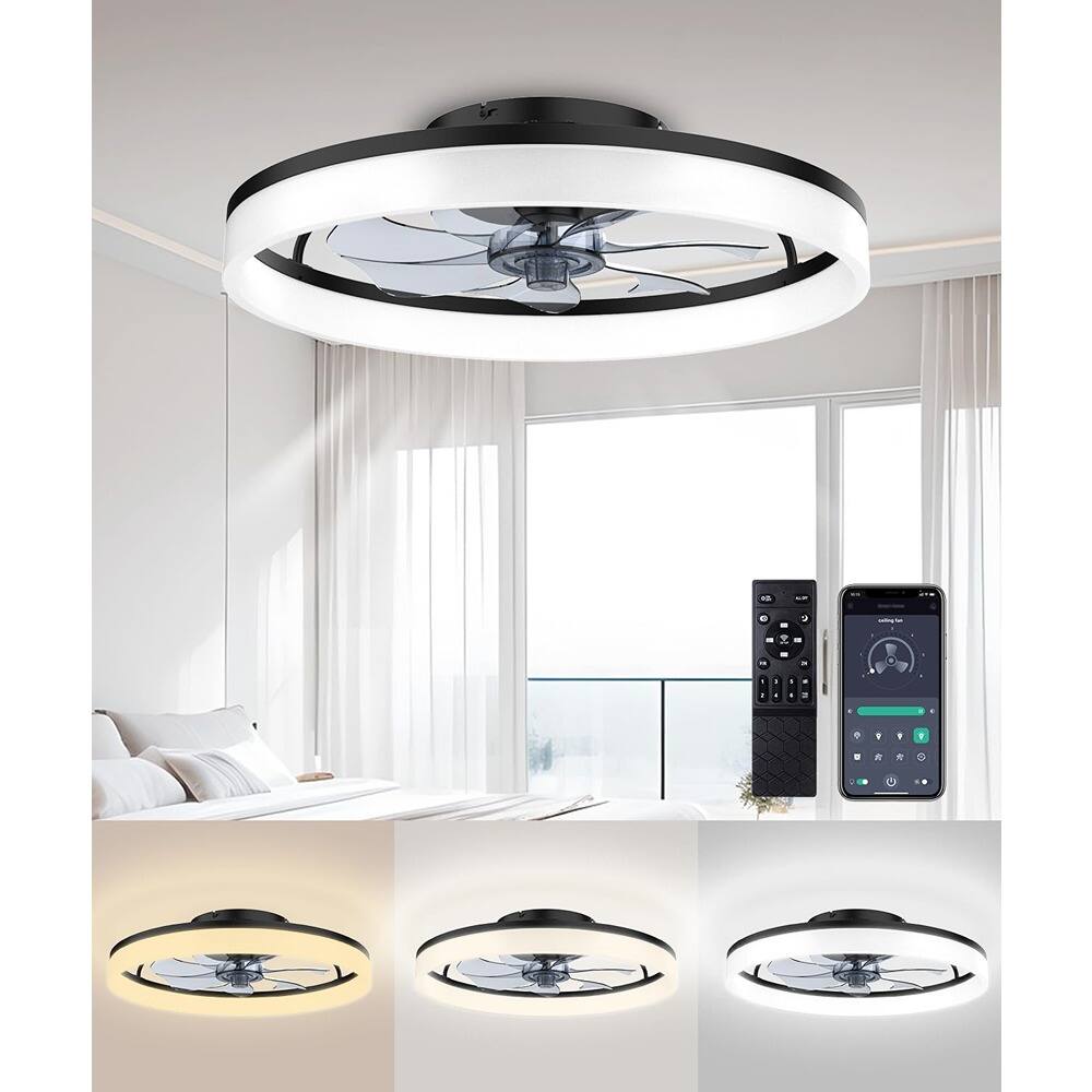 Front. Schertz - Modern 20" low-profile ceiling fan with integrated lighting and remote control. Features stepless color temperature adju.