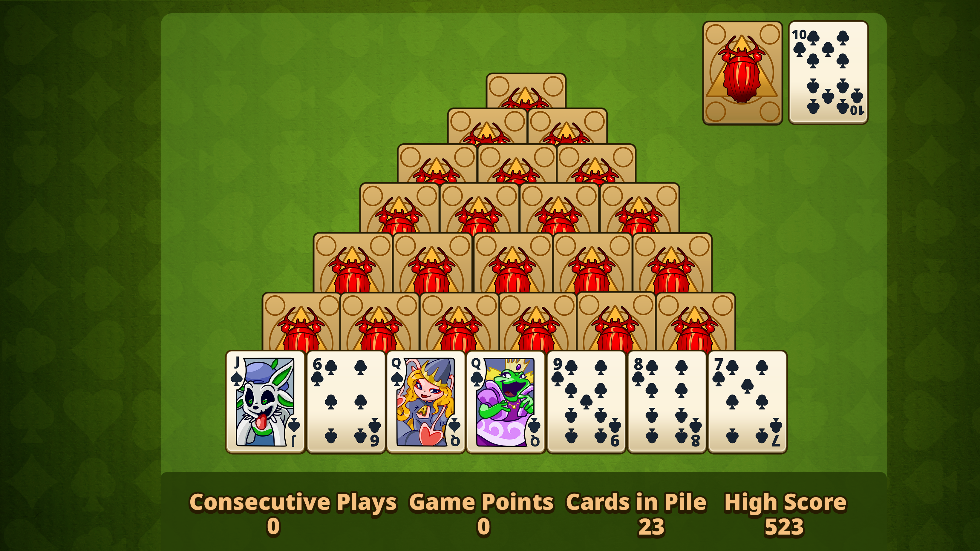 Consecutive Plays: 0  
Game Points: 0  
Cards in Pile: 23  
High Score: 523