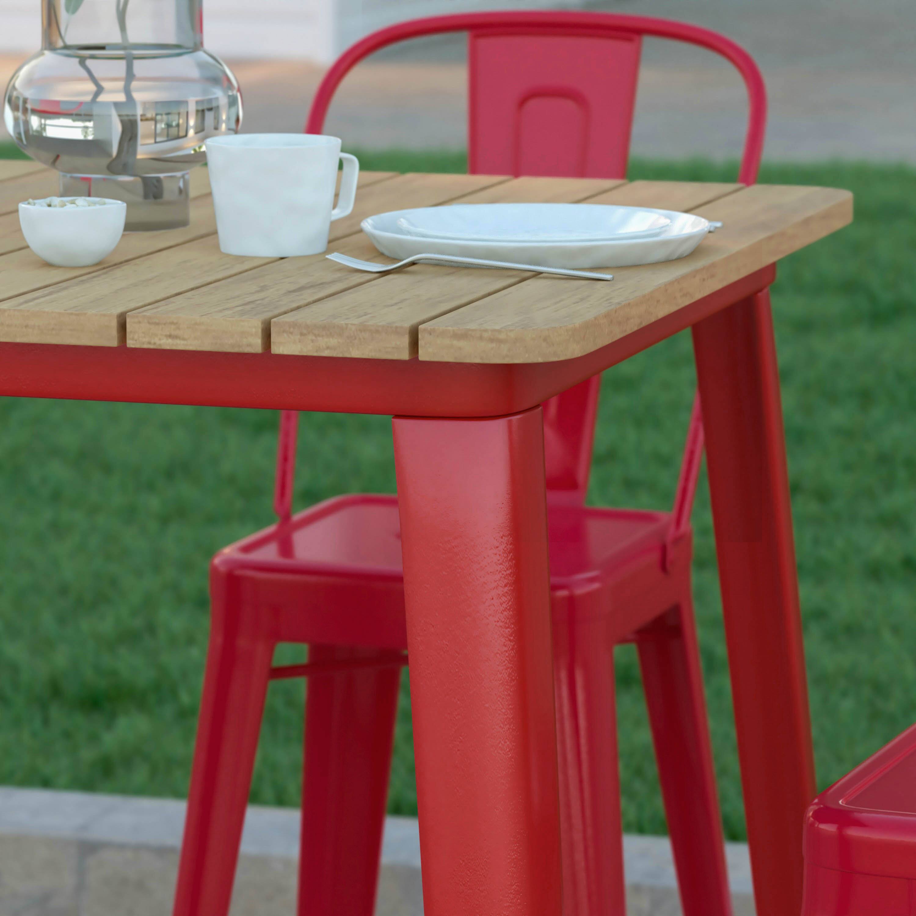 Alt View 4. Emma + Oliver - Drew Indoor/Outdoor Bar Top Table, 31.5" Square All Weather Poly Resin Top with Steel base - Brown Top/Red Frame.