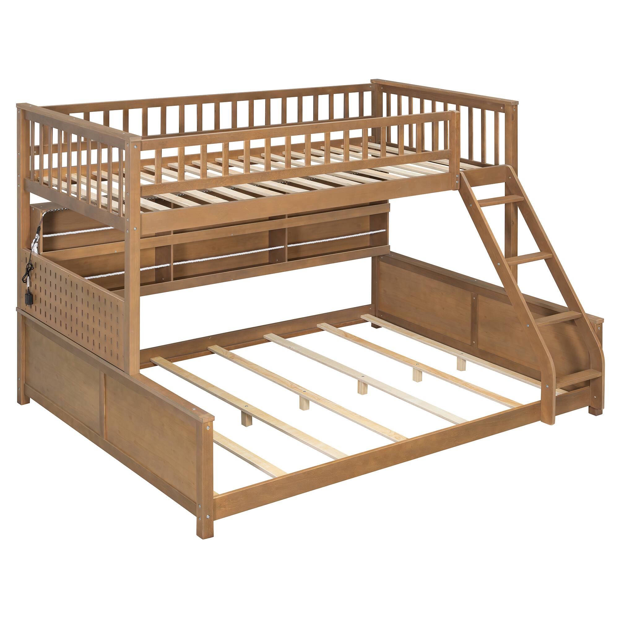 Alt View 4. Anysun - Twin XL over Queen Bunk Bed with Integrated Shelving, Color-Changing Lights and Pegboard - Brown.