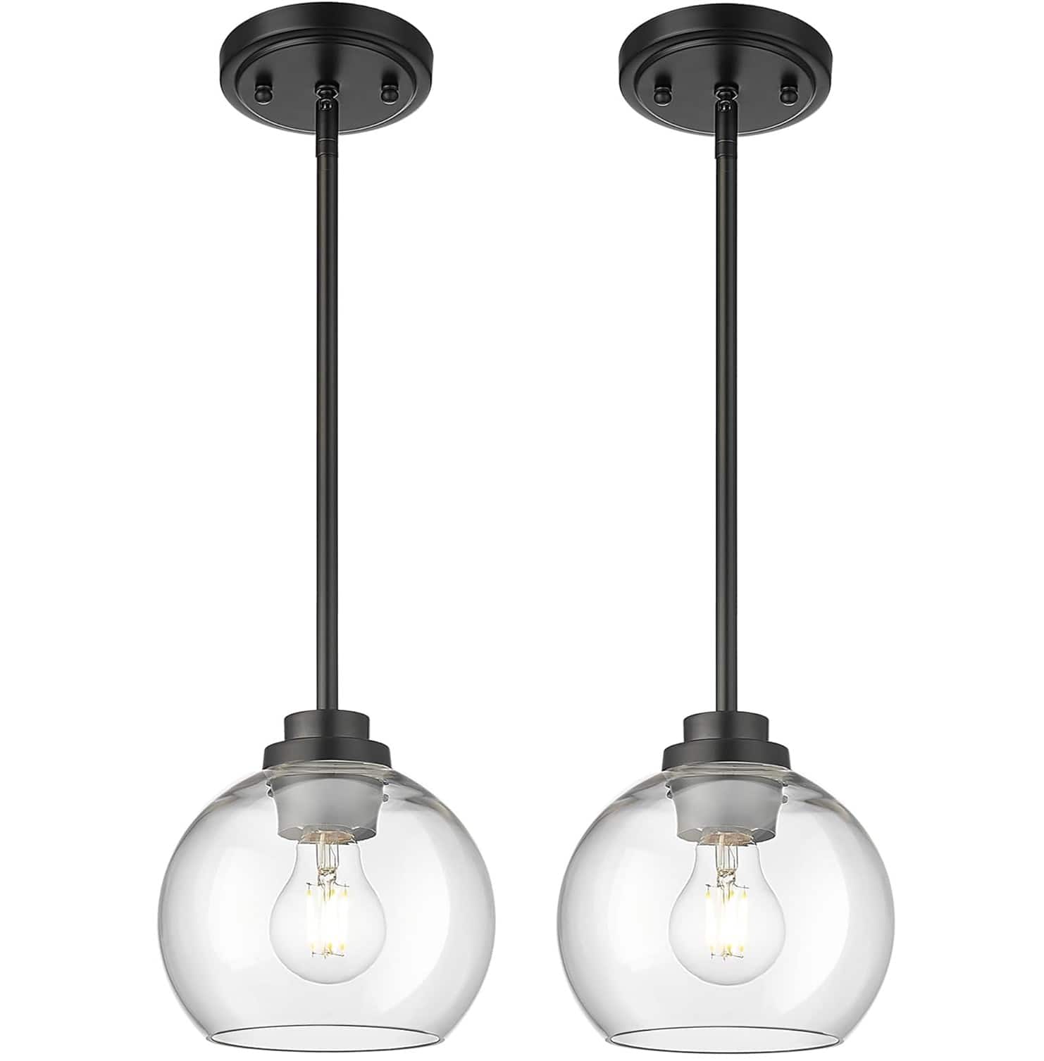 FINEAK - Farmhouse Kitchen Island Pendant Lights with Clear Glass Shade (2-Pack) - Clear Glass Globe, Black