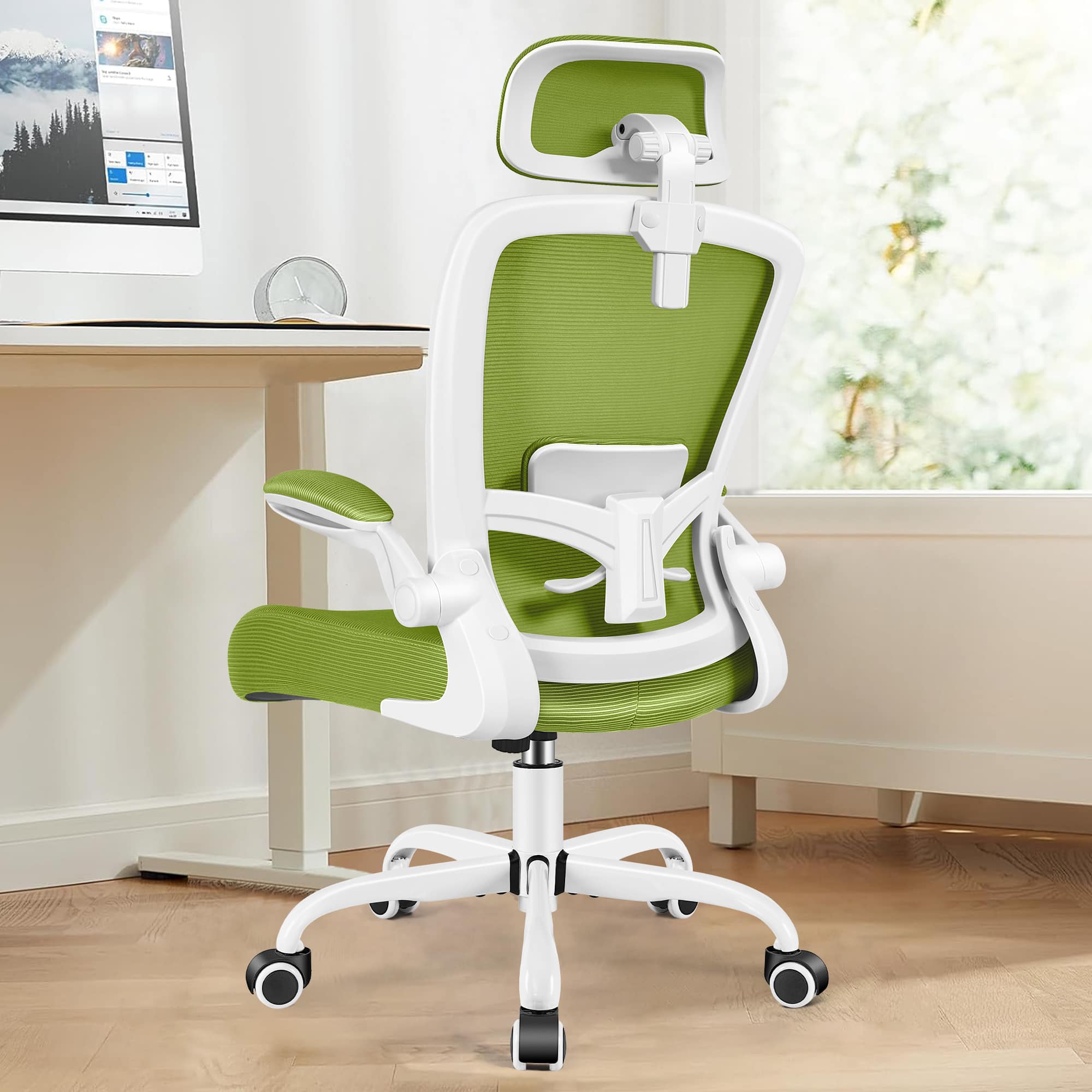 KERDOM - Ergonomic High Back Office Chair, Computer Chair with Adjustable Height, Lumbar Support Home Office Swivel Gaming Chair - Avocado Green