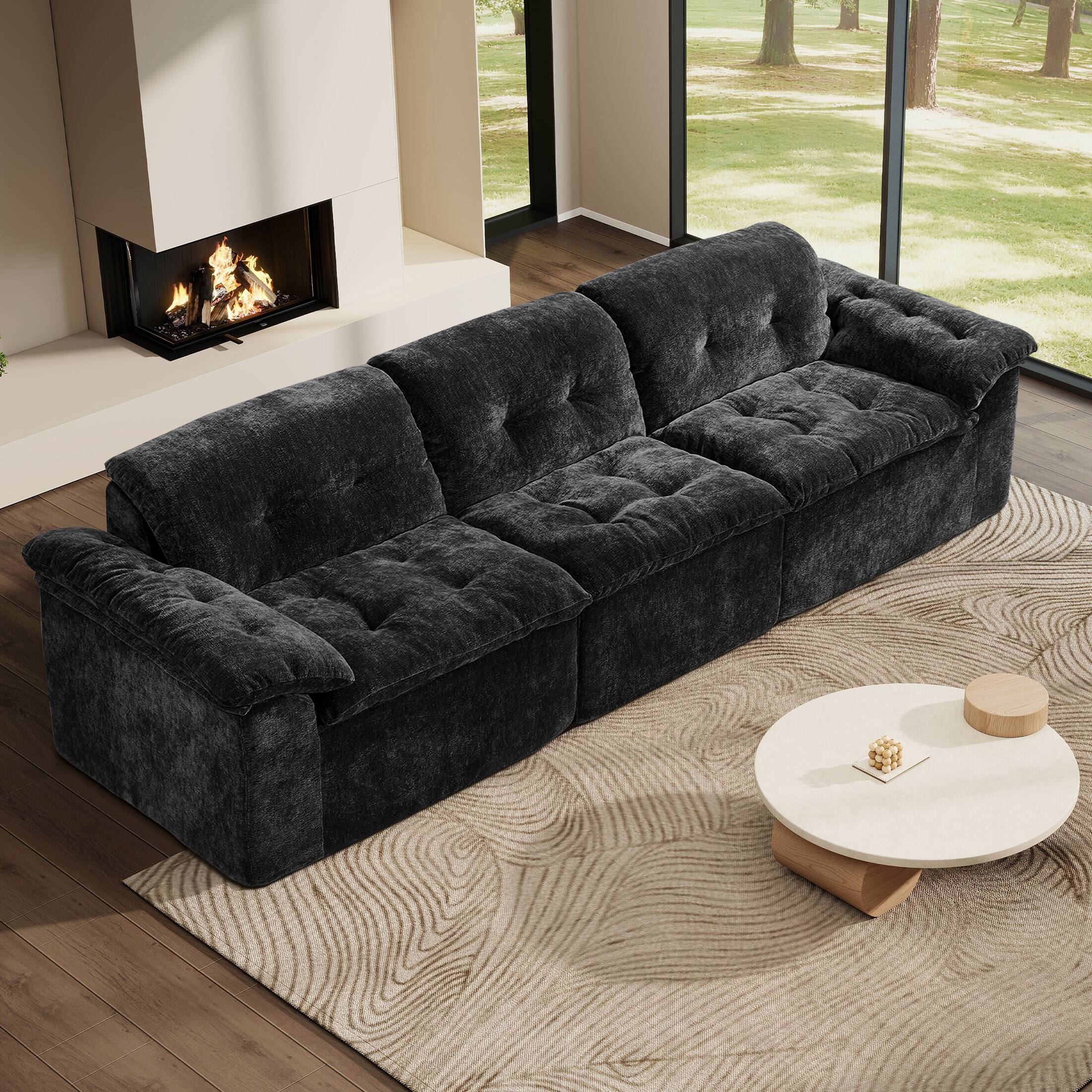 Left. Anysun - Anysun 3-Seater Luxurious Modern Cloud Chenille Modular Sectional Sofa with Detachable Backrest - Black.