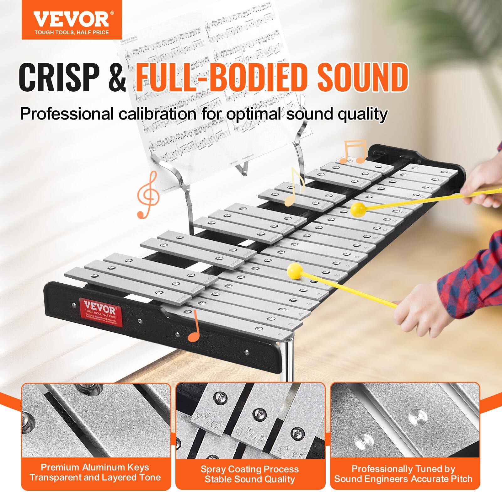 VEVOR  
TOUGH TOOLS, HALF PRICE  

CRISP & FULL-BODIED SOUND  
Professional calibration for optimal sound quality  

- Premium Aluminum Keys  
Transparent and Layered Tone  

- Spray Coating Process  
Stable Sound Quality  

- Professionally Tuned by Sound Engineers  
Accurate Pitch