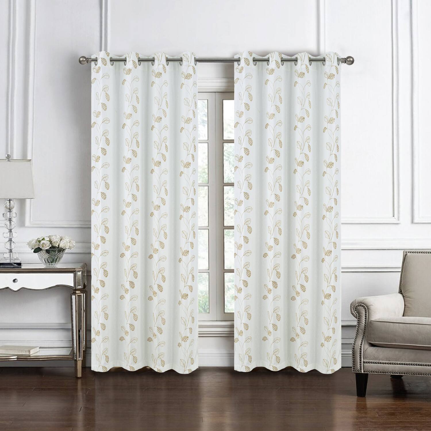 Angle. RT Designers Collection - RT Designers Collection 100% Polyester 140 GSM Reed Embroidered Grommet Curtain Panel 54" x 90" White - White.