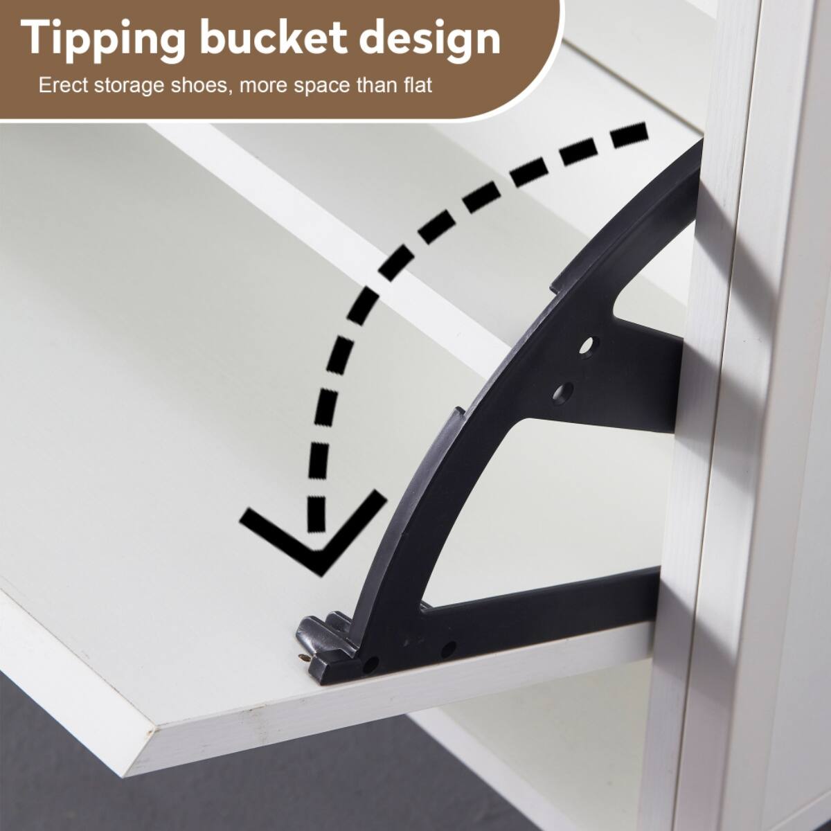 Tipping bucket design  
Erect storage shoes, more space than flat