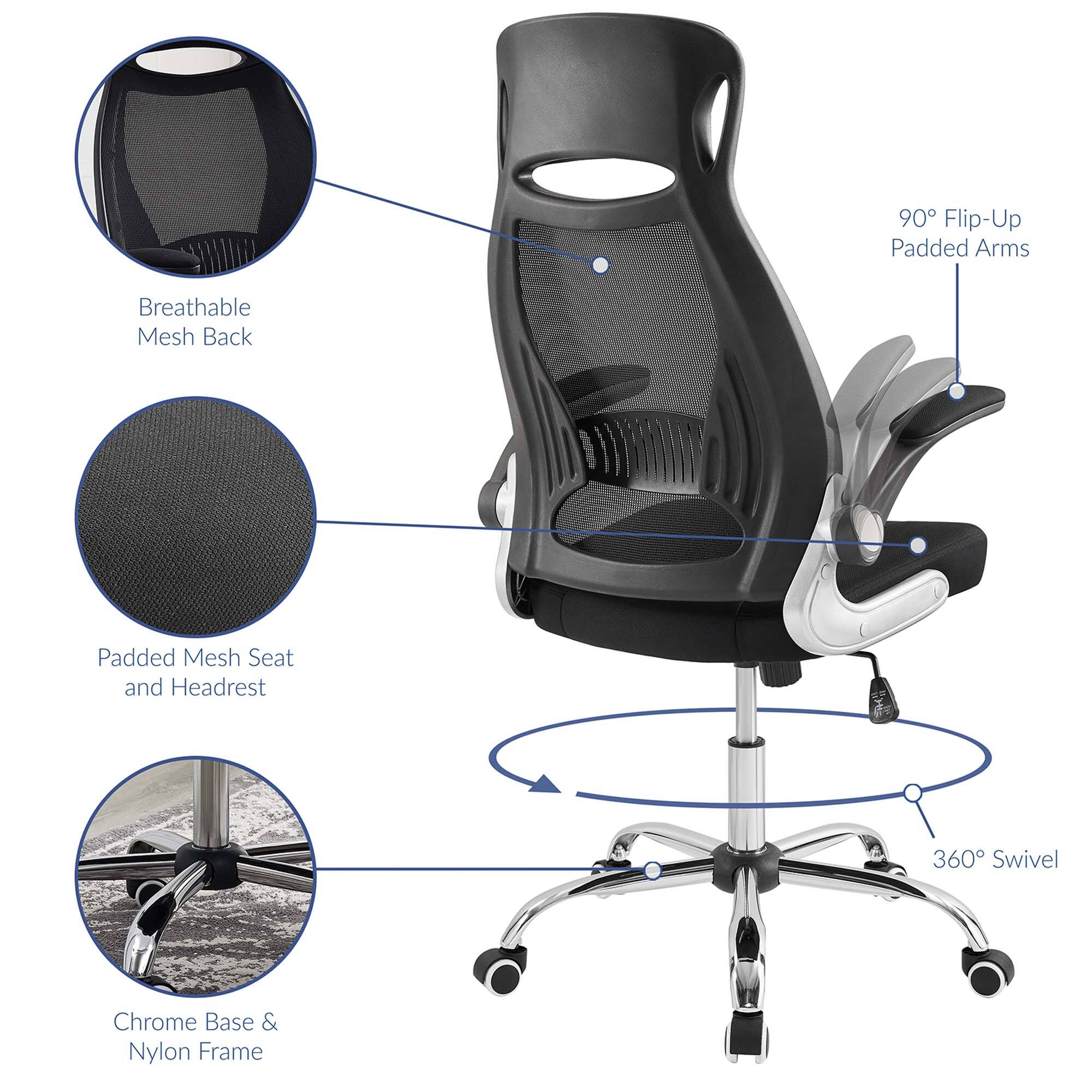 - 90° Flip-Up Padded Arms
- Breathable Mesh Back
- Padded Mesh Seat and Headrest
- 360° Swivel
- Chrome Base & Nylon Frame