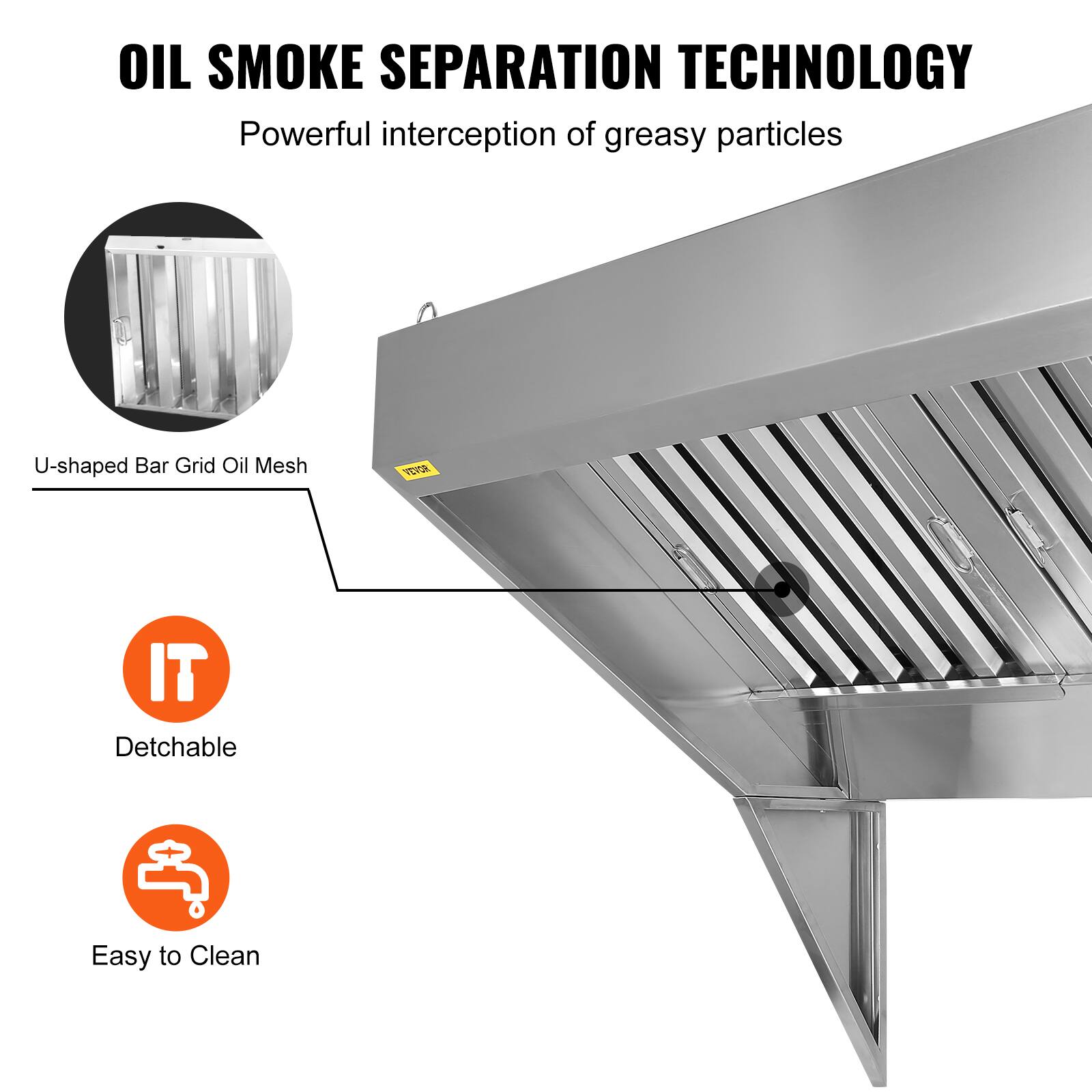 OIL SMOKE SEPARATION TECHNOLOGY  
Powerful interception of greasy particles  

- U-shaped Bar Grid Oil Mesh  
- IT  
  Detachable  
- Easy to Clean