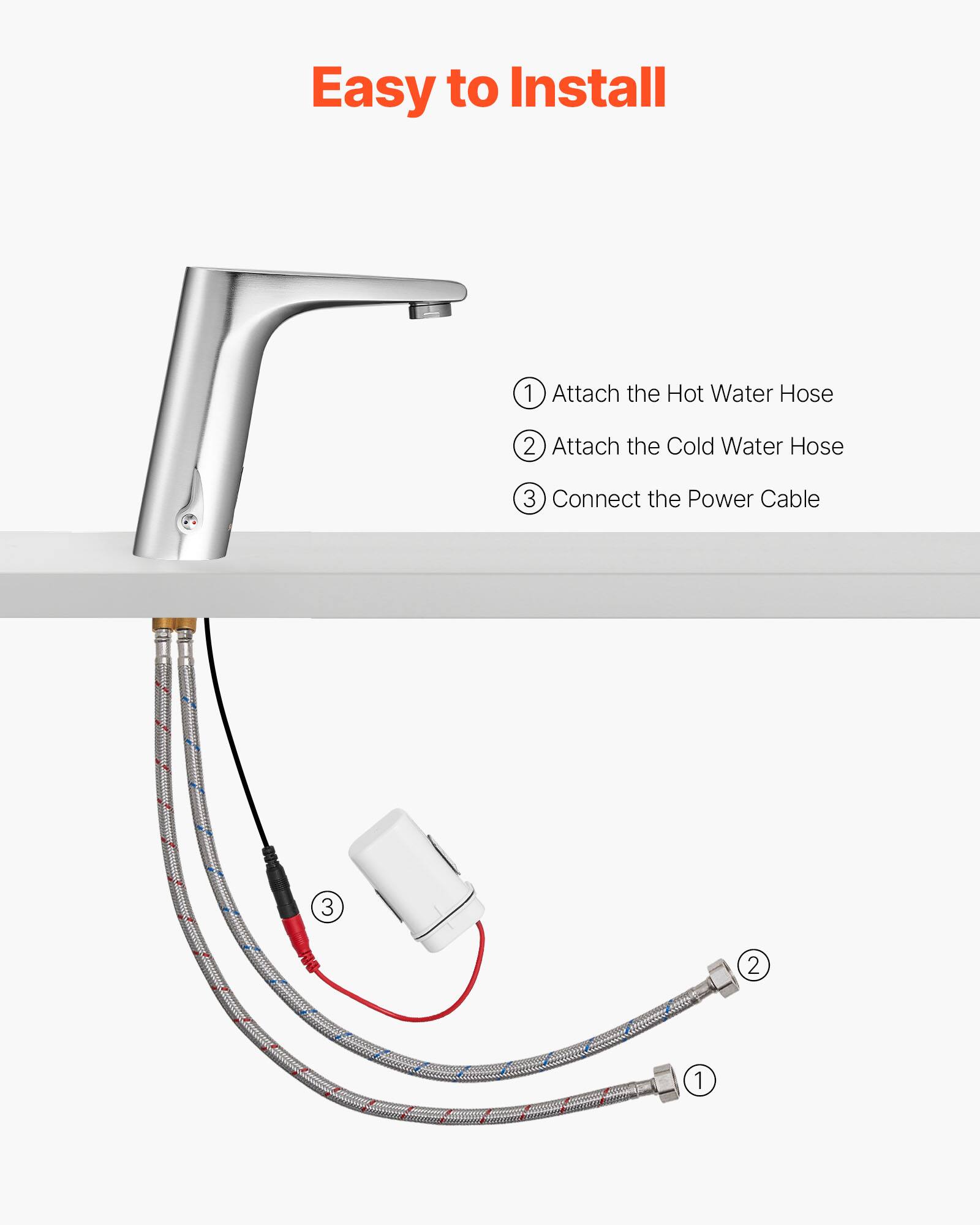 Easy to Install

1. Attach the Hot Water Hose
2. Attach the Cold Water Hose
3. Connect the Power Cable
