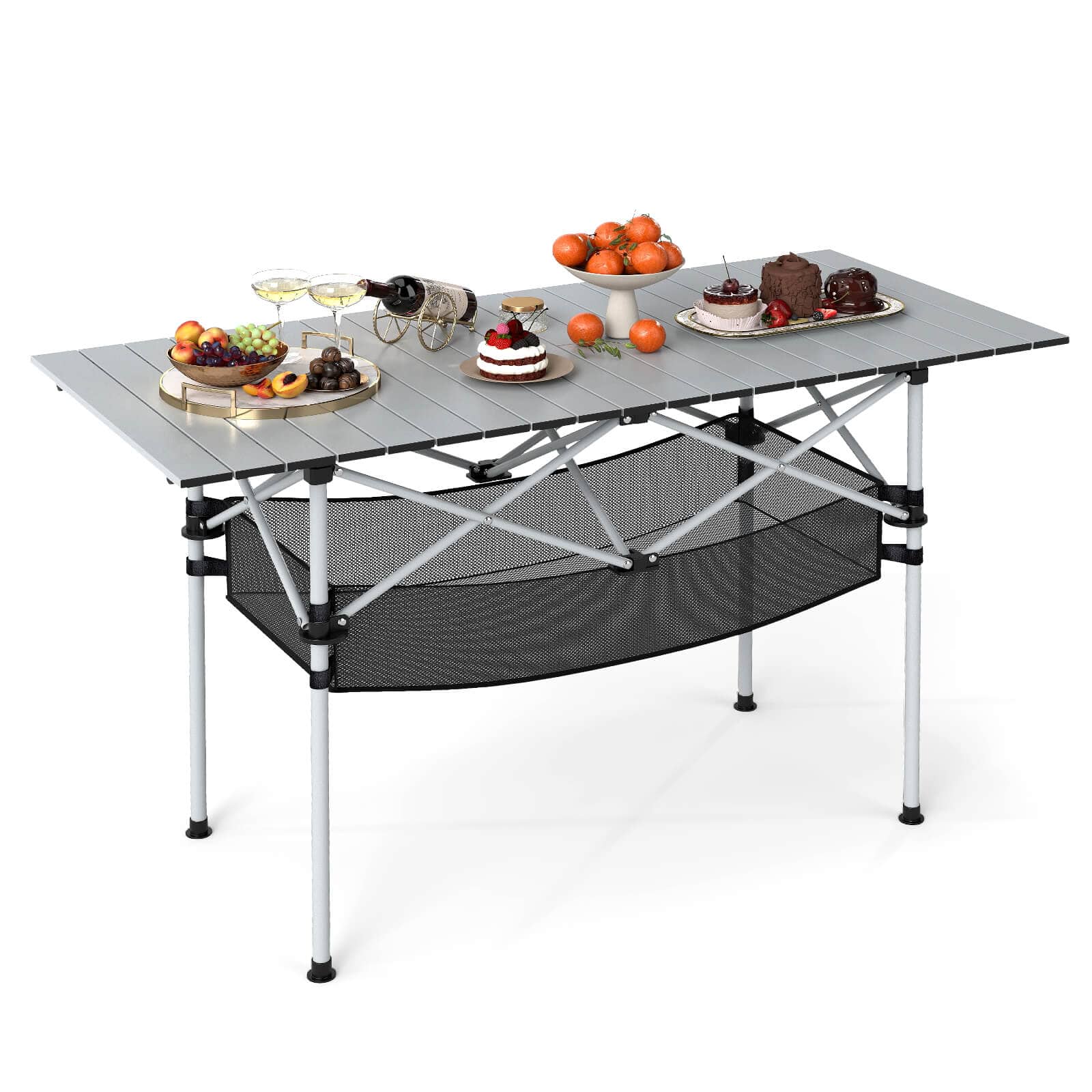 Costway - Patio Folding Camping Table with Aluminum Roll-up Tabletop & Mesh Basket - Silver