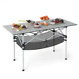Costway - Patio Folding Camping Table with Aluminum Roll-up Tabletop & Mesh Basket - Silver