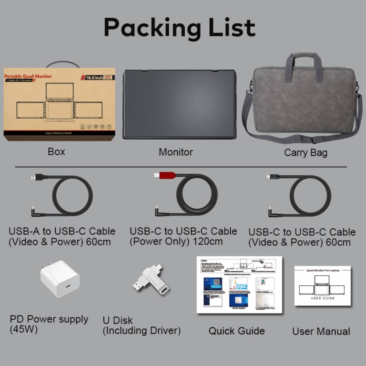 Packing List

- Portable Quad Monitor
- 18.5 inch Box
- Monitor Carry Bag
- USB-A to USB-C Cable (Video & Power) 60cm
- USB-C to USB-C Cable (Power Only) 120cm
- USB-C to USB-C Cable (Video & Power) 60cm
- PD Power supply (45W) (Including Driver)
- U Disk
- Quick Guide
- User Manual