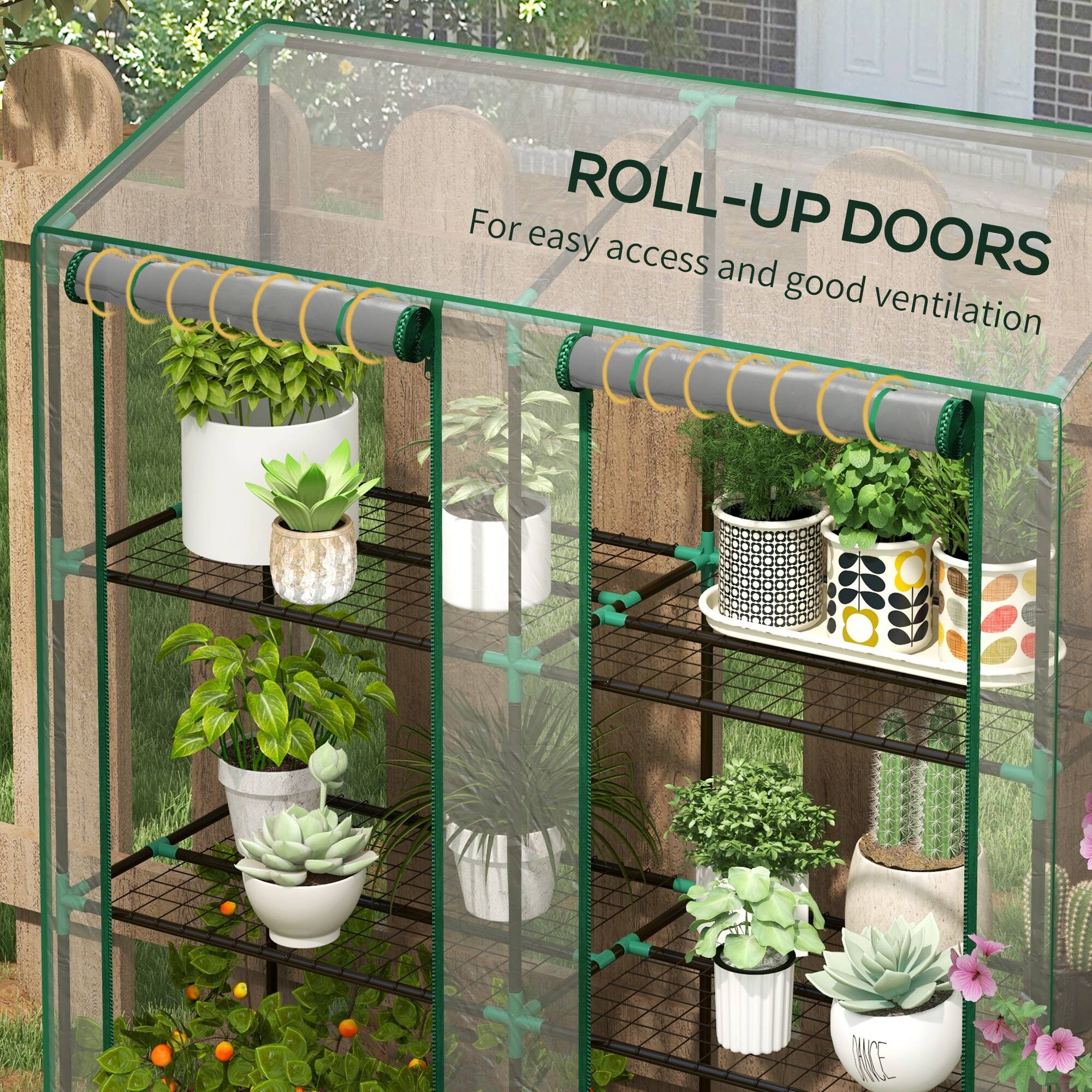Alt View 5. Outsunny - Lean-to Greenhouse with 3 Tier Shelves, 56.3" x 18.1" x 59.4" Portable Small Greenhouse with 2 Roll-Up Zippered Doors.