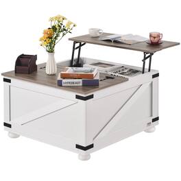 VEVOR - 31.5" Farmhouse Coffee Table, Hinged Lift Top Coffee Square Table with Storage Compartment, Wooden Rustic Cocktail Table - Gray, White