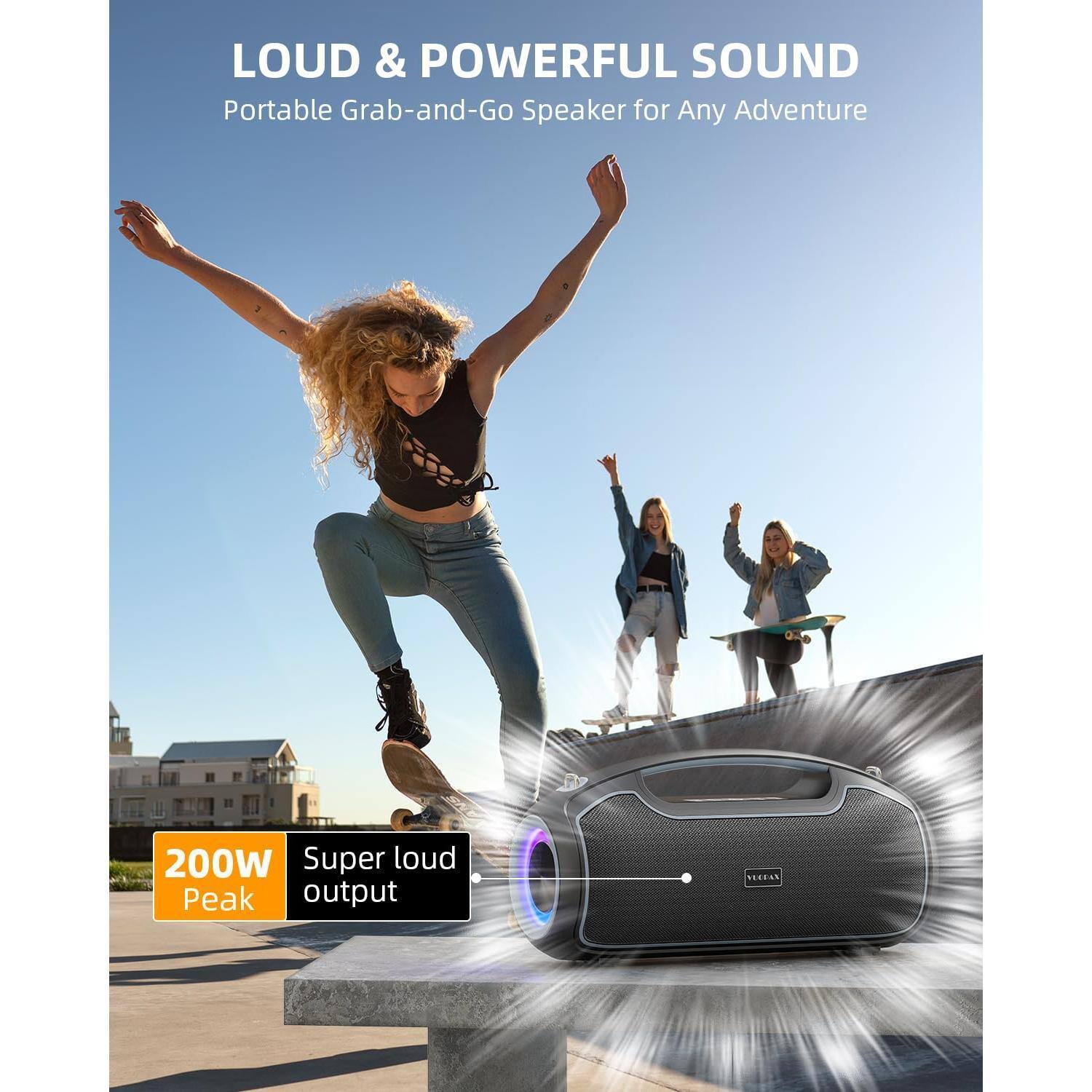 LOUD & POWERFUL SOUND  
Portable Grab-and-Go Speaker for Any Adventure  

200W Peak  
Super loud output