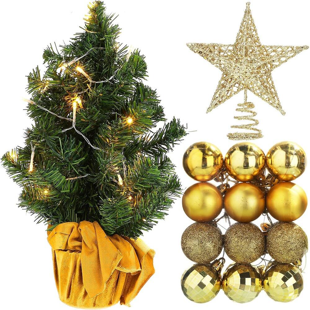 Back. RTMB - 24" Tabletop Mini Christmas Tree w/ LED Lights & Ornaments, Green/Gold - Gold,gold Tree.
