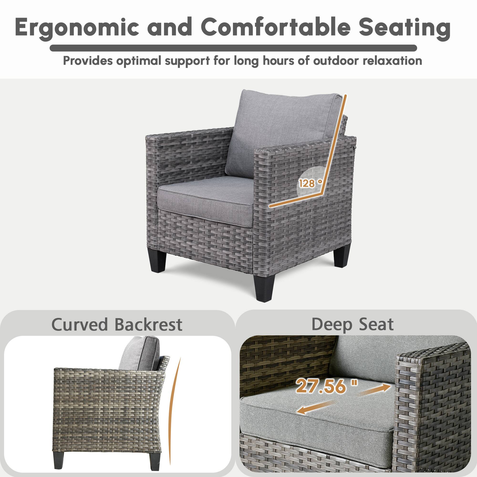 Ergonomic and Comfortable Seating  
Provides optimal support for long hours of outdoor relaxation  

Curved Backrest  
128°  

Deep Seat  
27.56"