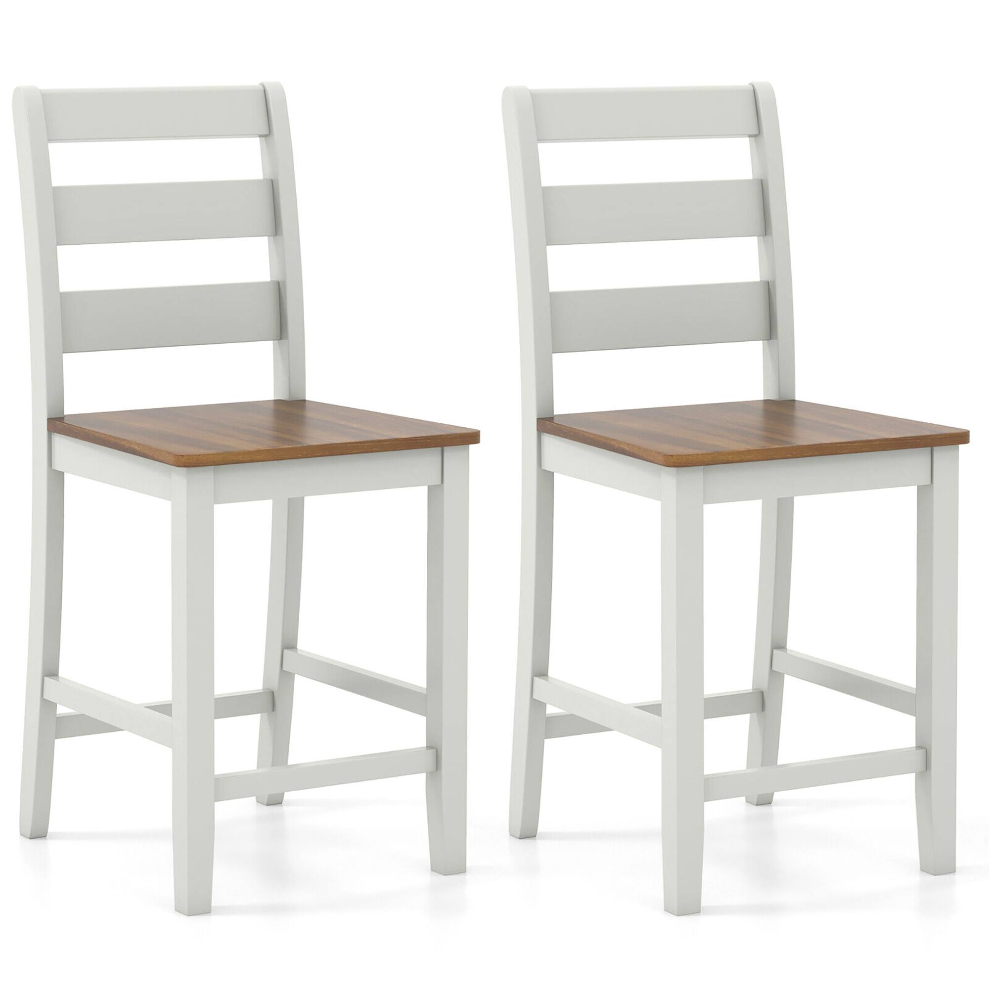 Front. Gymax - Gymax Set of 2 Counter Height Chairs w/ Inclined Backrest Rubber Wood Crossbars - Gray, Walnut.