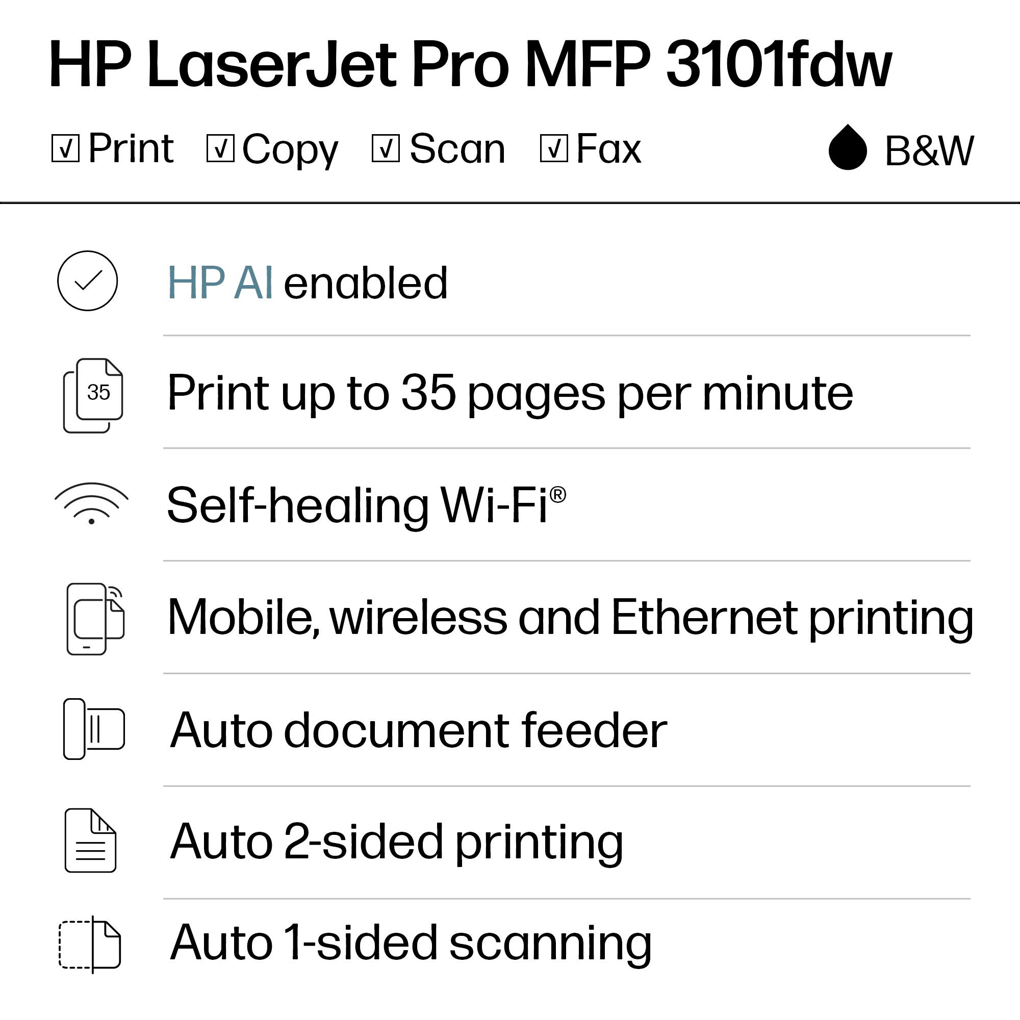 HP LaserJet Pro MFP 3101fdw  
Print, Copy, Scan, Fax  
B&W  

- HP AI enabled  
- Print up to 35 pages per minute  
- Self-healing Wi-Fi®  
- Mobile, wireless and Ethernet printing  
- Auto document feeder  
- Auto 2-sided printing  
- Auto 1-sided scanning