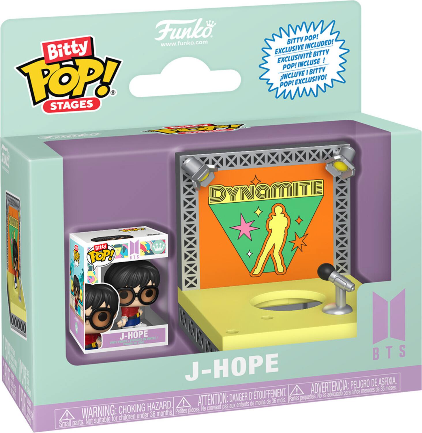 Sure, here is the corrected and grouped text from the image:

---

**Funko**  
www.funko.com

**Bitty POP! STAGES**

**BITTY POP! EXCLUSIVE INCLUDED!**  
EXCLUSIVITÉ BITTY POP! INCLUSE!  
¡INCLUYE 1 BITTY POP! EXCLUSIVO!

**DYNAMITE**  
J-HOPE

**BTS**

**WARNING: CHOKING HAZARD**  
Small parts. Not suitable for children under 36 months.

**ATTENTION: DANGER D'ÉTOUFFEMENT**  
Petites pièces. Ne convient pas aux enfants de moins de 36 mois.

**ADVERTENCIA: PELIGRO DE ASFIXIA**  
Partes pequeñas. No es adecuado para niños menores de 36 meses.

---

This text is organized to reflect the information on the packaging, including the brand, product name, exclusivity note, warning labels, and the artist's name.
