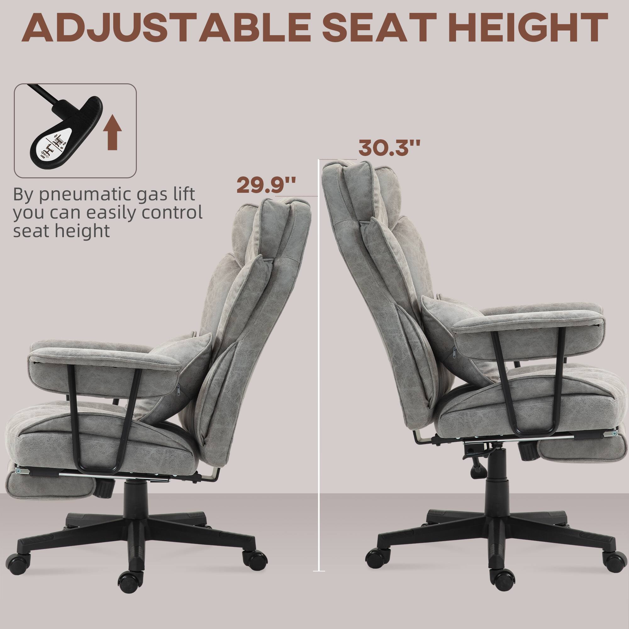 The text on the image can be grouped and corrected as follows:

"Adjustable Seat Height: By pneumatic gas lift, you can easily control seat height. The seat height ranges from 29.9" to 30.3"."