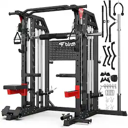 Pooboo - Multi-Function Smith Machine Power Cage with Dual Cable Crossover,Lat Pulldown,Home Gym Squat Rack for Strength Training - Red
