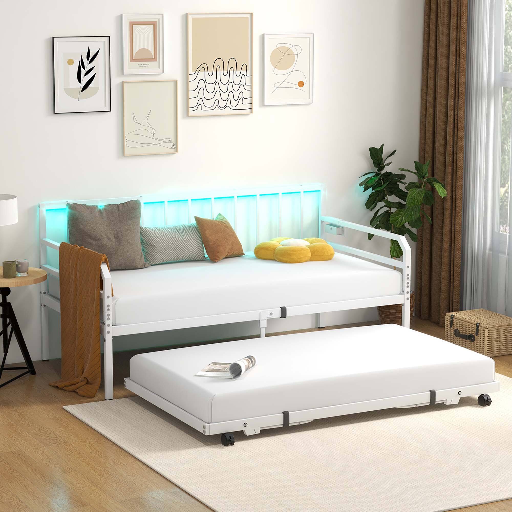 Alt View 2. Costway - Twin Size Daybed with Pop-up Trundle Charging Station & LED Lights for Living Room - White.