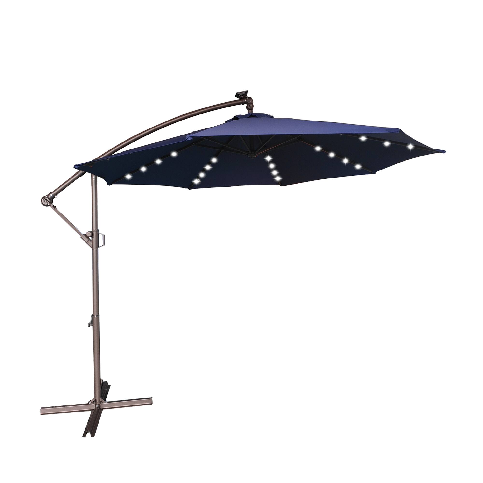 Left. Mondawe - 10ft Offset Patio Cantilever Umbrella with Easy Tilt，Crank 360°Rotate，Solar LED Lighted - Navy Blue.