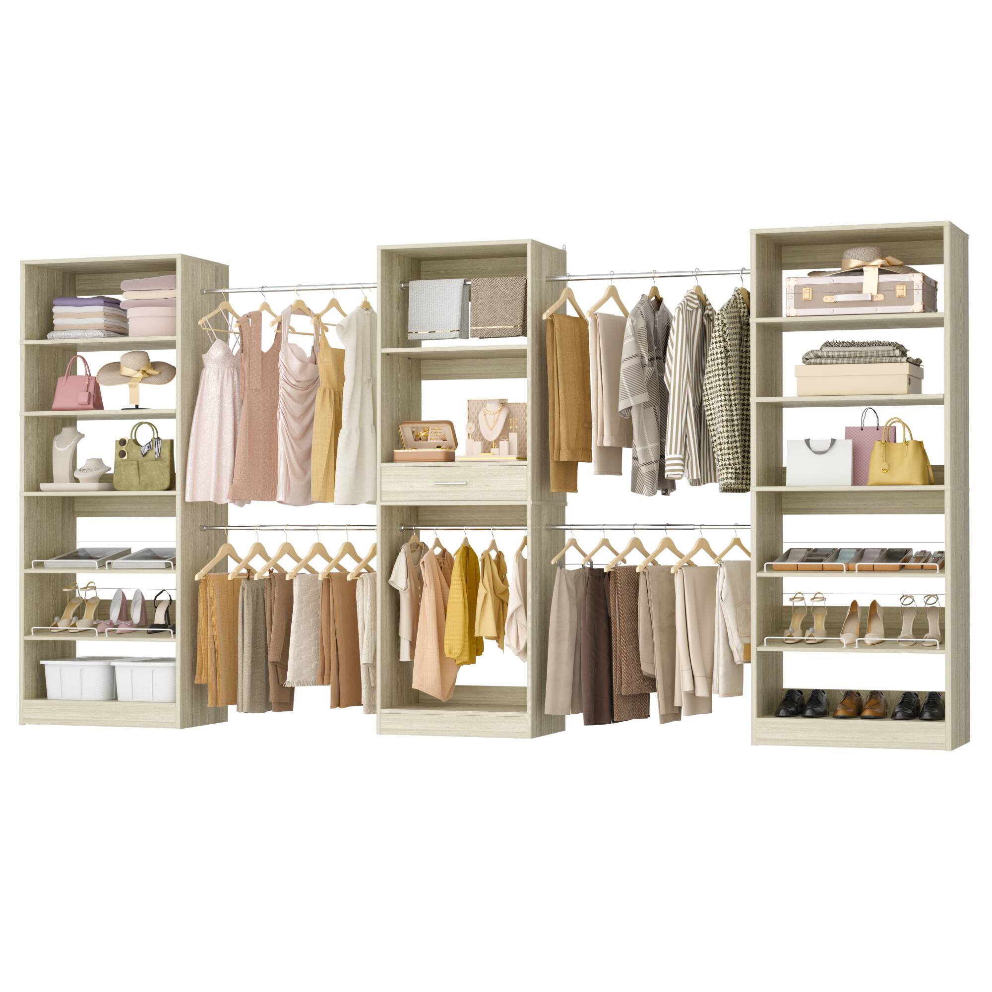 Angle. Aheaplus - 146'' Closet System 3-Piece Set, Wardrobe System with Hanging Rods, Drawer and Adjustable Shelves - Beige Oak.
