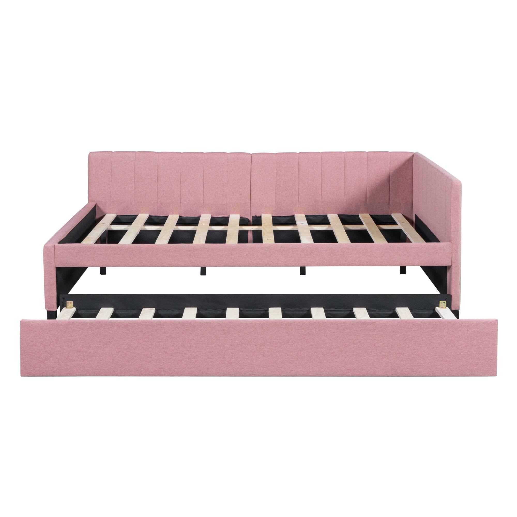 Back. Tiramisubest - Full Size Upholstered Daybed with Trundle Sofa Bed Frame No Box Spring Needed, Linen Fabric(Pink) - Pink.