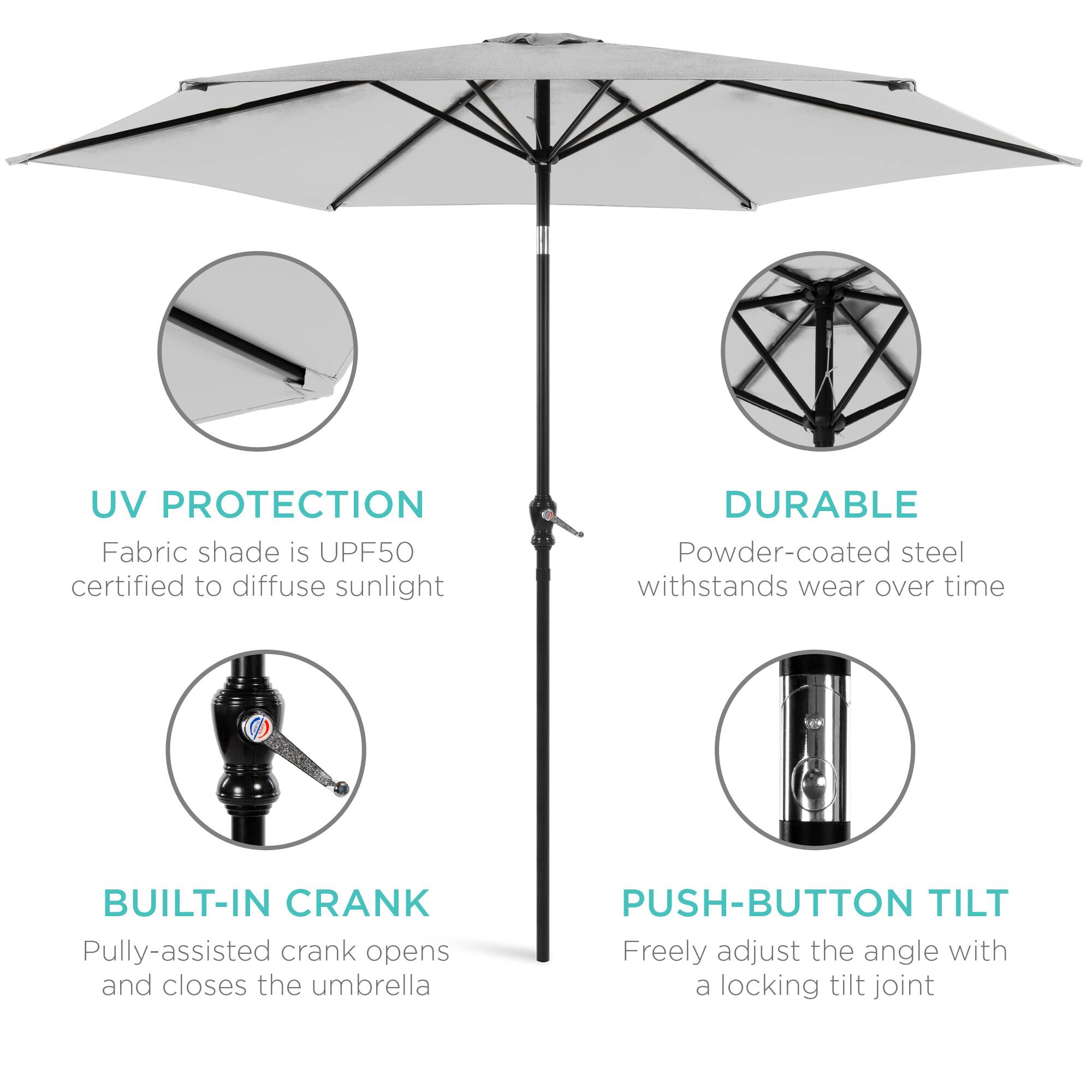 - **UV PROTECTION**  
  Fabric shade is UPF50 certified to diffuse sunlight

- **DURABLE**  
  Powder-coated steel withstands wear over time

- **BUILT-IN CRANK**  
  Pulley-assisted crank opens and closes the umbrella

- **PUSH-BUTTON TILT**  
  Freely adjust the angle with a locking tilt joint