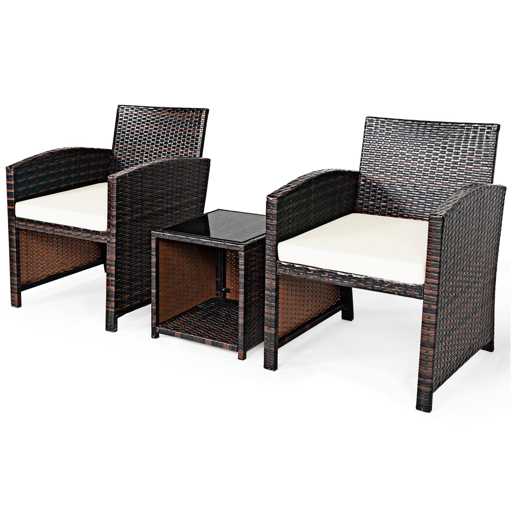 Alt View 7. Gymax - Gymax 3PCS Rattan Patio Conversation Furniture Set Yard Outdoor w/ White Cushions - White.
