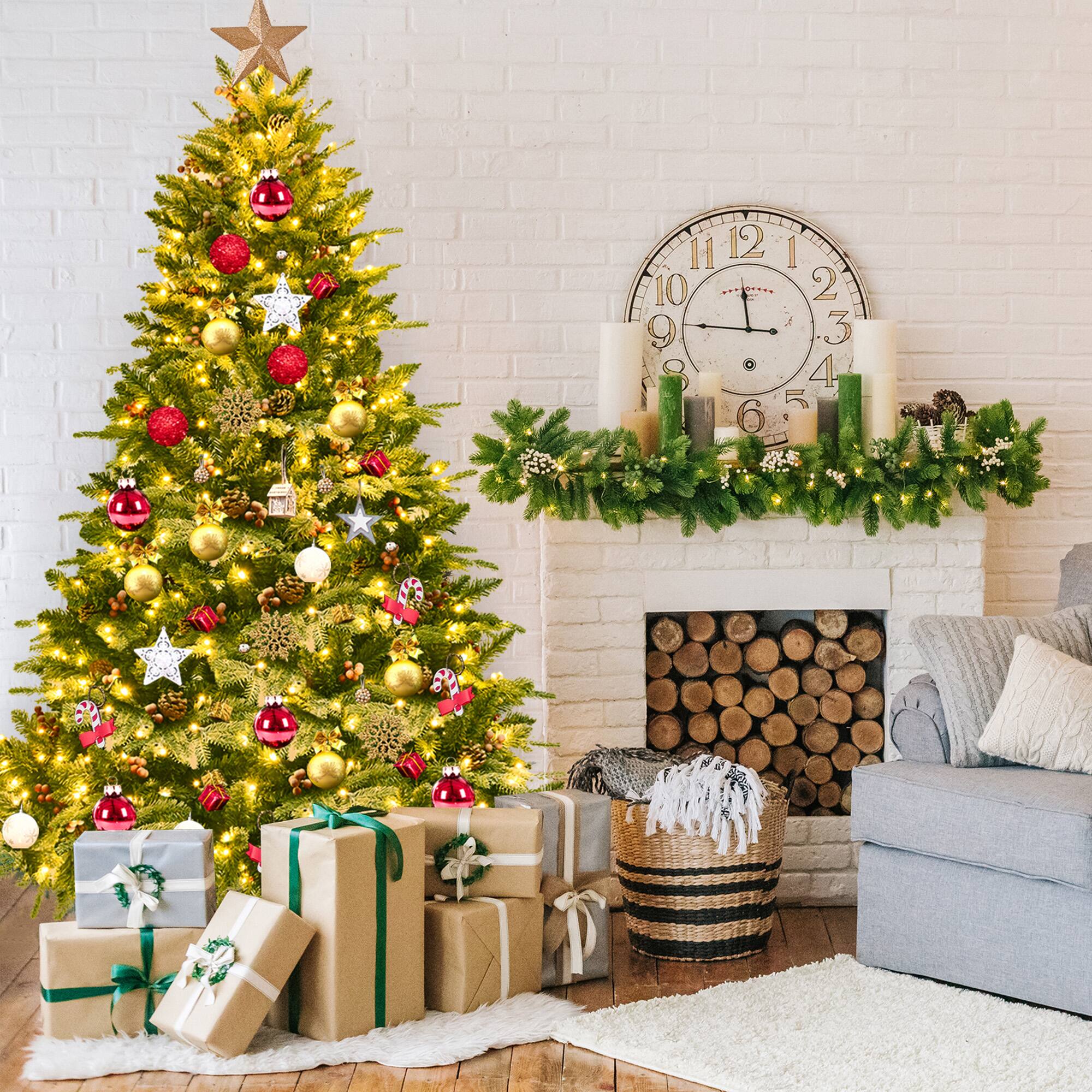 Gymax - 6.5FT Pre-lit Pine Christmas Tree Snow Flocked Decoration Tree w/ LED Lights - Green