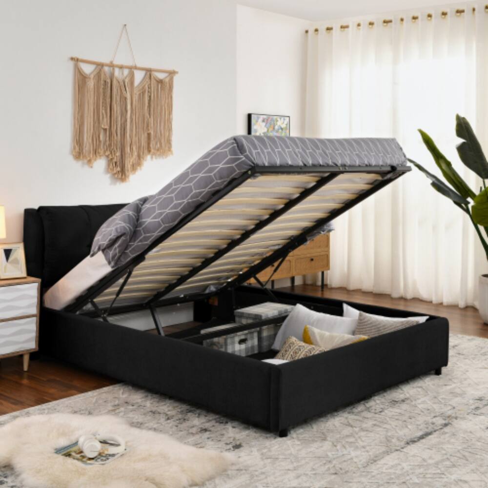 Left. LUCKY ONE - Queen Size Storage Upholstered Hydraulic Platform Bed with Integrated Headboard, Chenille Fabric, No Box Spring Needed - Black.