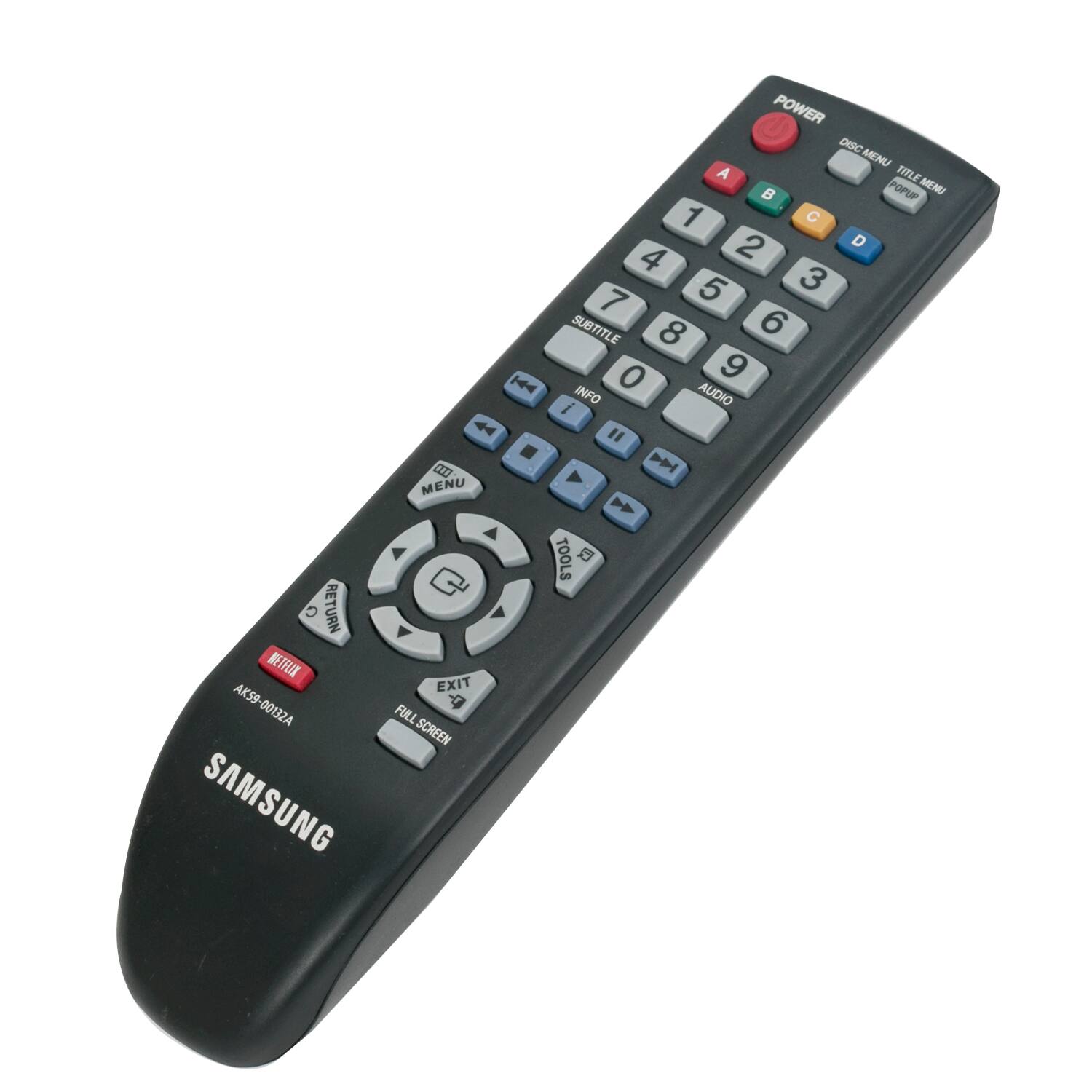 RETURN NETRIX AKS9 00132A SAMSUNG CO MENU EXIT FULL SCREEN POWER DISC MENU DISC MENU A TITLE POPUP MENU 1 2 D 4 5 3 7 SUBTITLE 8 6 0 9 H INFO AUDIO i " M > TOOLS