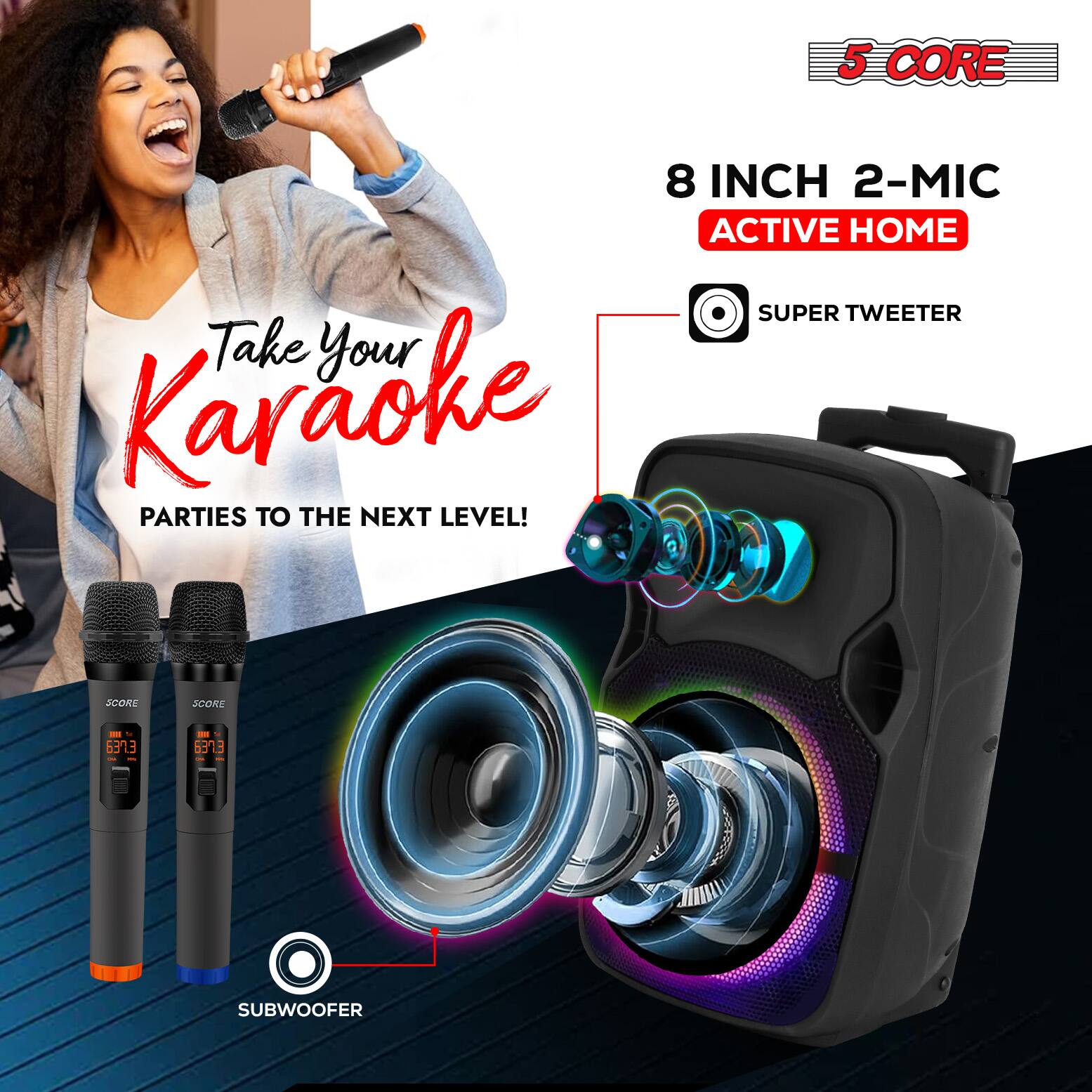 5 CORE  
8 INCH 2-MIC ACTIVE HOME  
SUPER TWEETER  
Take Your Karaoke PARTIES TO THE NEXT LEVEL!  
SCORE  
6313  
SUBWOOFER