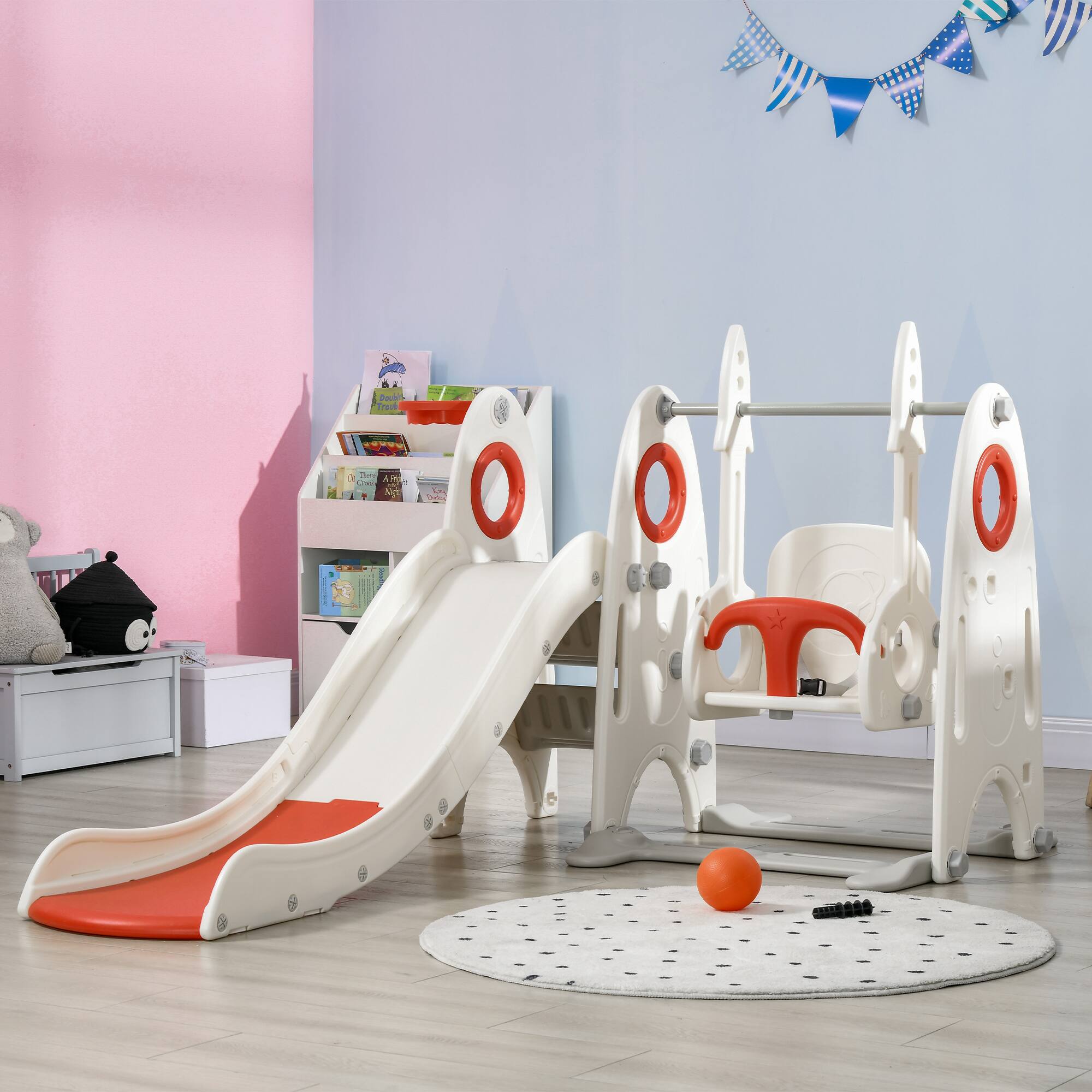 Alt View 4. Siljoy - 4-in-1 Toddler Playset, Slide, Swing, Climber, Basketball Hoop, for Ages 1-3, Indoor/Outdoor, 66lb Capacity - Red.