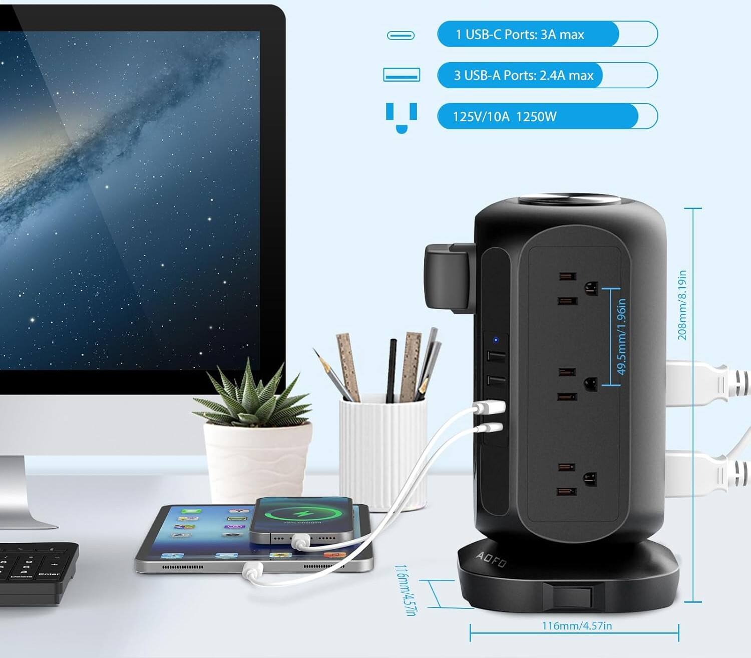 1 USB-C Port: 3A max  
3 USB-A Ports: 2.4A max  
125V/10A 1250W  
Dimensions: 208mm/8.19in x 116mm/4.57in x 116mm/4.57in