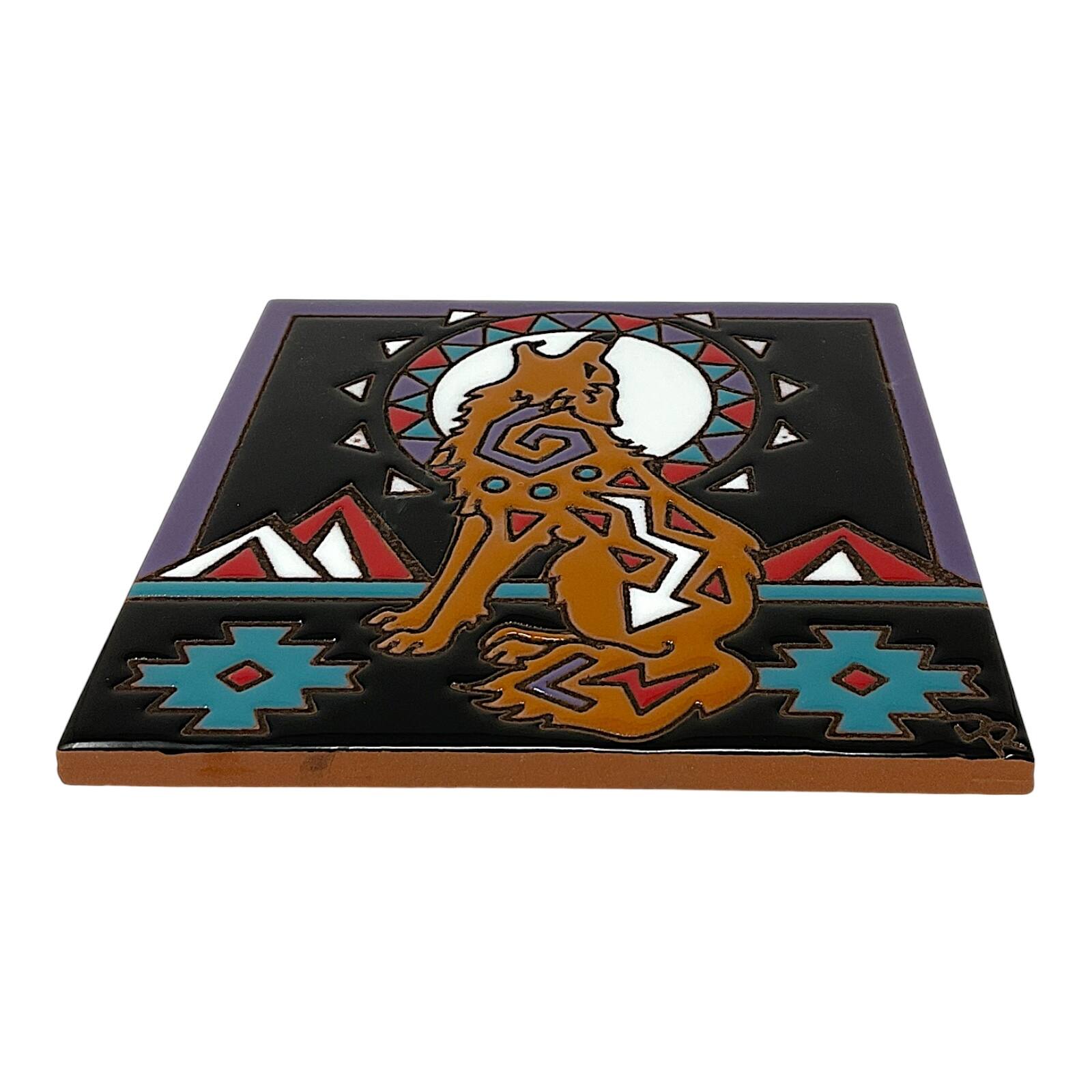 Angle. Earthtones Tile - Earthtones Southwest Howling Coyote with Moon 6X6 Hand Glazed Decorative Tile or Kitchen Trivet - Multicolor.