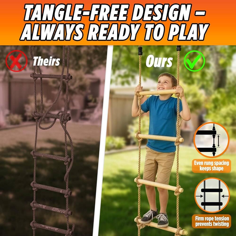 TANGLE-FREE DESIGN – ALWAYS READY TO PLAY

Theirs

Ours

Even rung spacing keeps shape

Firm rope tension prevents twisting