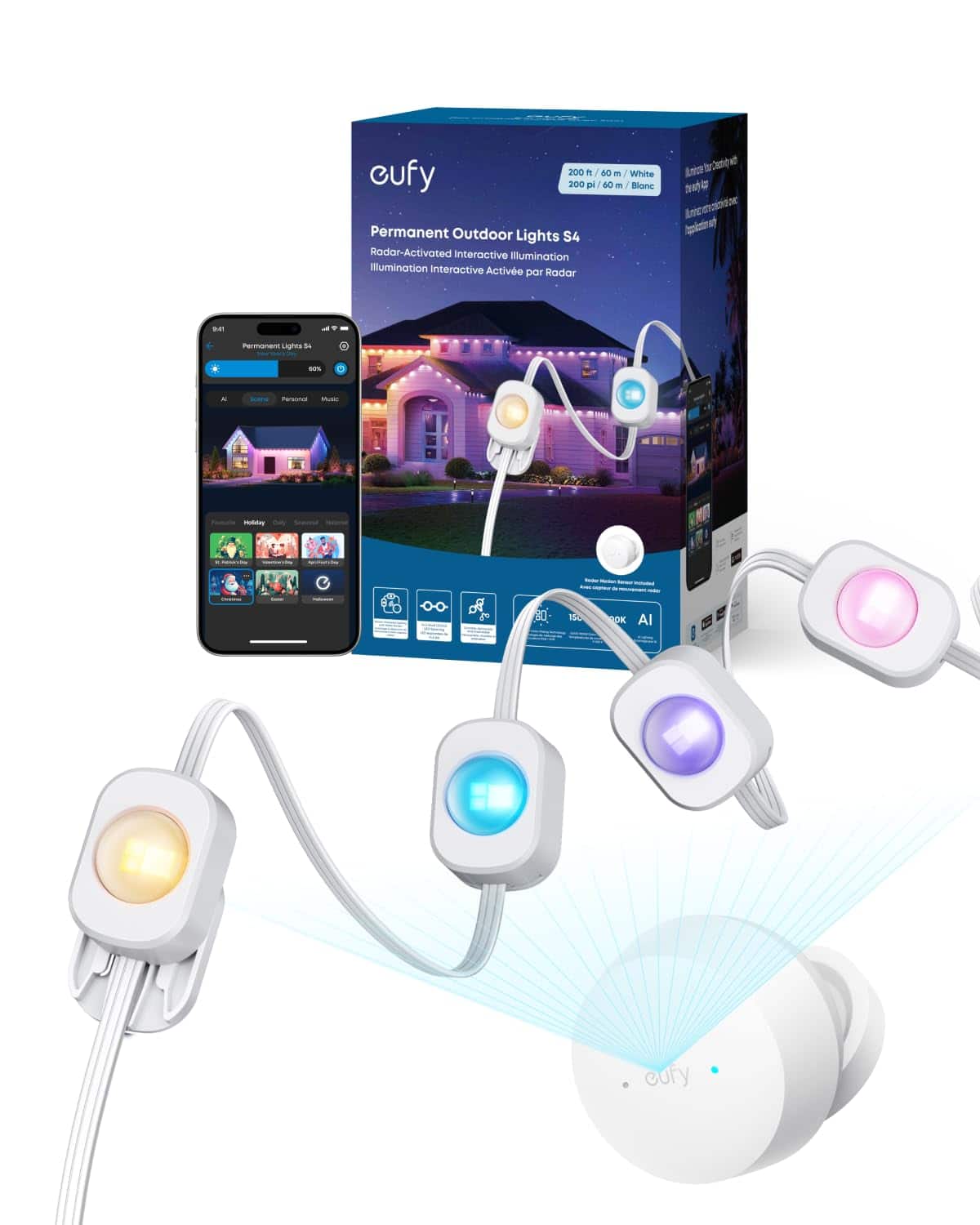 eufy - Permanent Outdoor Lights S4, 200ft 144 LEDs, 3D Radar, RGBWW, AI Themes, Music Mode, Matter, IP67, Halloween & Christmas