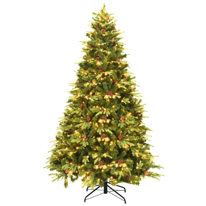 WELLFOR - 7.5 ft Pre‑lit Hinged Artificial Christmas Tree with Natural Pine Cones &Metal Stand‑Christmas Indoor Decoration - Green