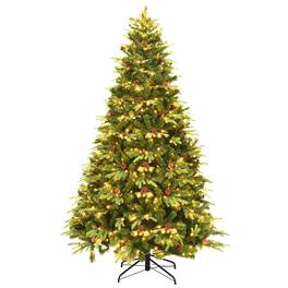 WELLFOR - 7.5 ft Pre‑lit Hinged Artificial Christmas Tree with Natural Pine Cones &Metal Stand‑Christmas Indoor Decoration - Green
