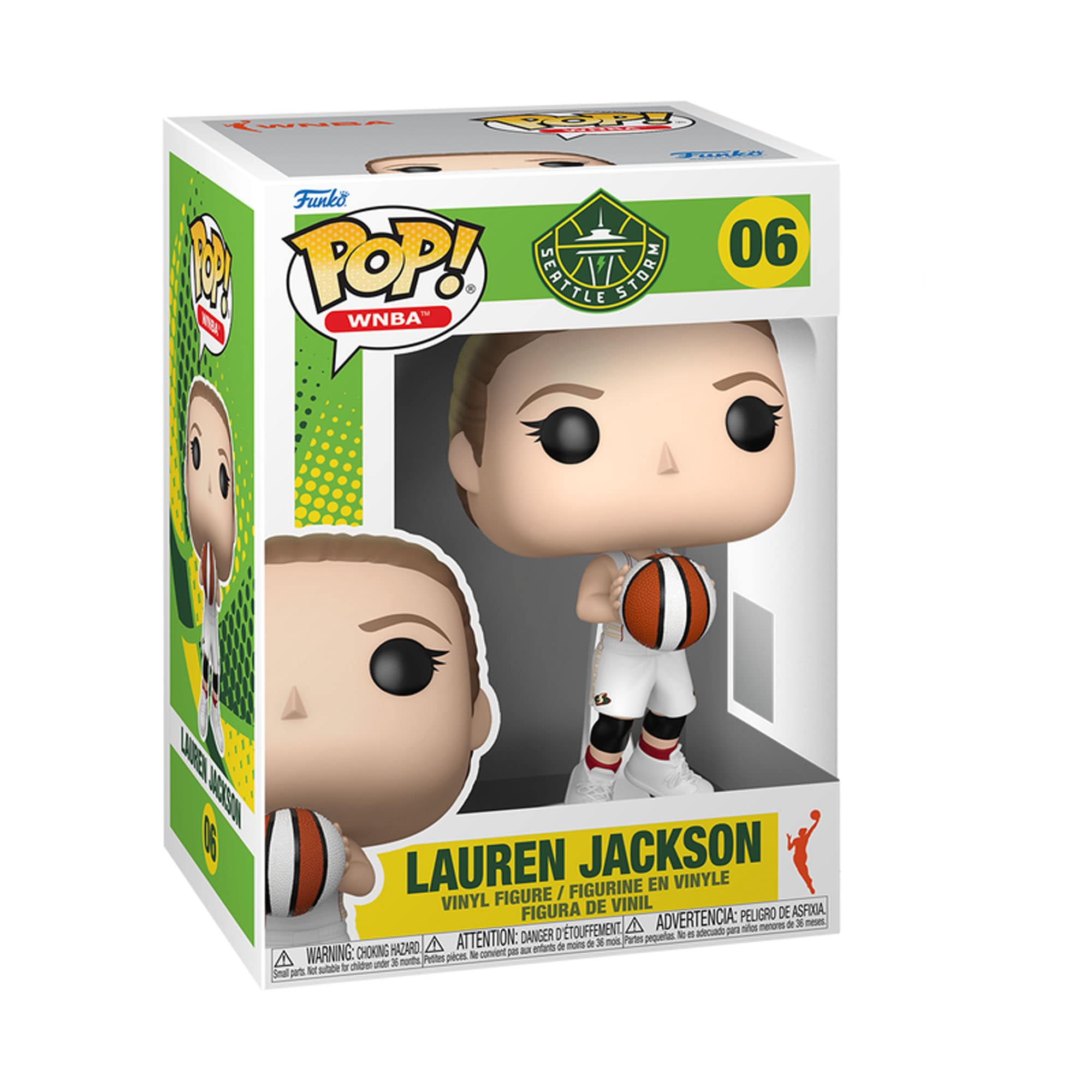 Sure, here is the corrected and grouped text from the image:

---

**Funko POP!**

**WNBA**

**06**

**SEATTLE STORM**

**LAUREN JACKSON**

**VINYL FIGURE / FIGURINE EN VINYLE / FIGURA DE VINIL / FIGURA DE VINIL**

**ADVERTENCIA: PELIGRO DE ASFIXIA. No es adecuado para niños menores de 3 años.**

**ATTENTION: DANGER DE SOUFFLENEMENT. Ne convient pas aux enfants de moins de 3 ans.**

**WARNING: CHOKING HAZARD - Small parts. Not for children under 3 years.**

---

This text is organized to reflect the information on the packaging of the Funko POP! vinyl figure.